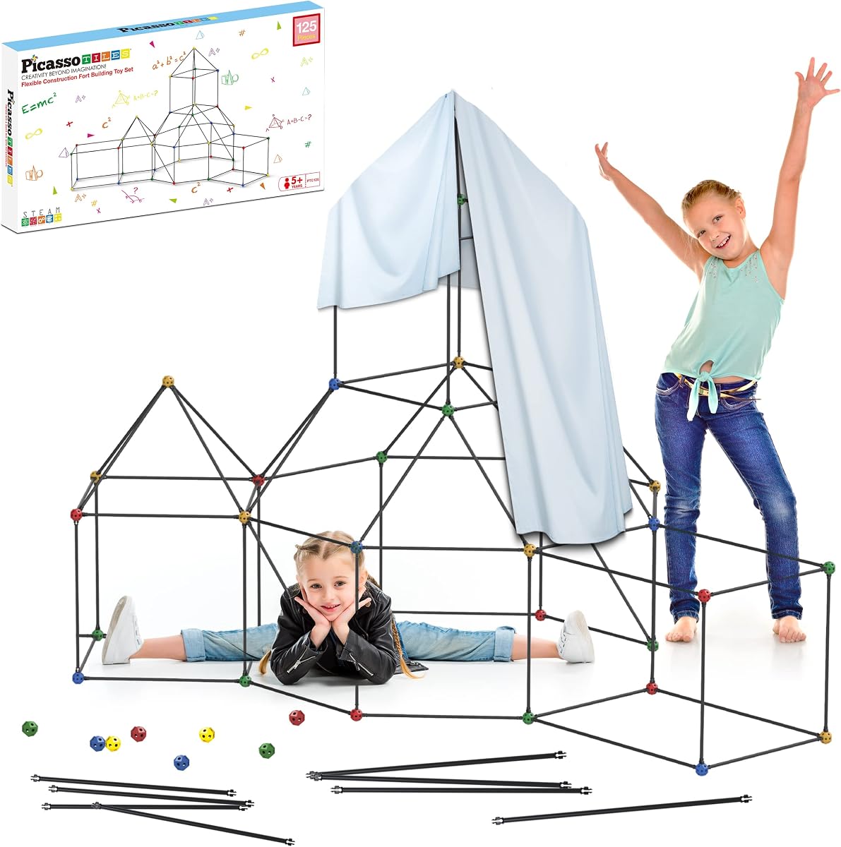 PicassoTiles Kit de construcción de fuerte para niños, juego de 125 piezas para interiores y exteriores, juego de juguetes para construcción de fuertes, bloques de construcción, juguetes para niños, niñas, sistema de castillo de aprendizaje STEM, tienda de campaña, cohete, juego de simulación