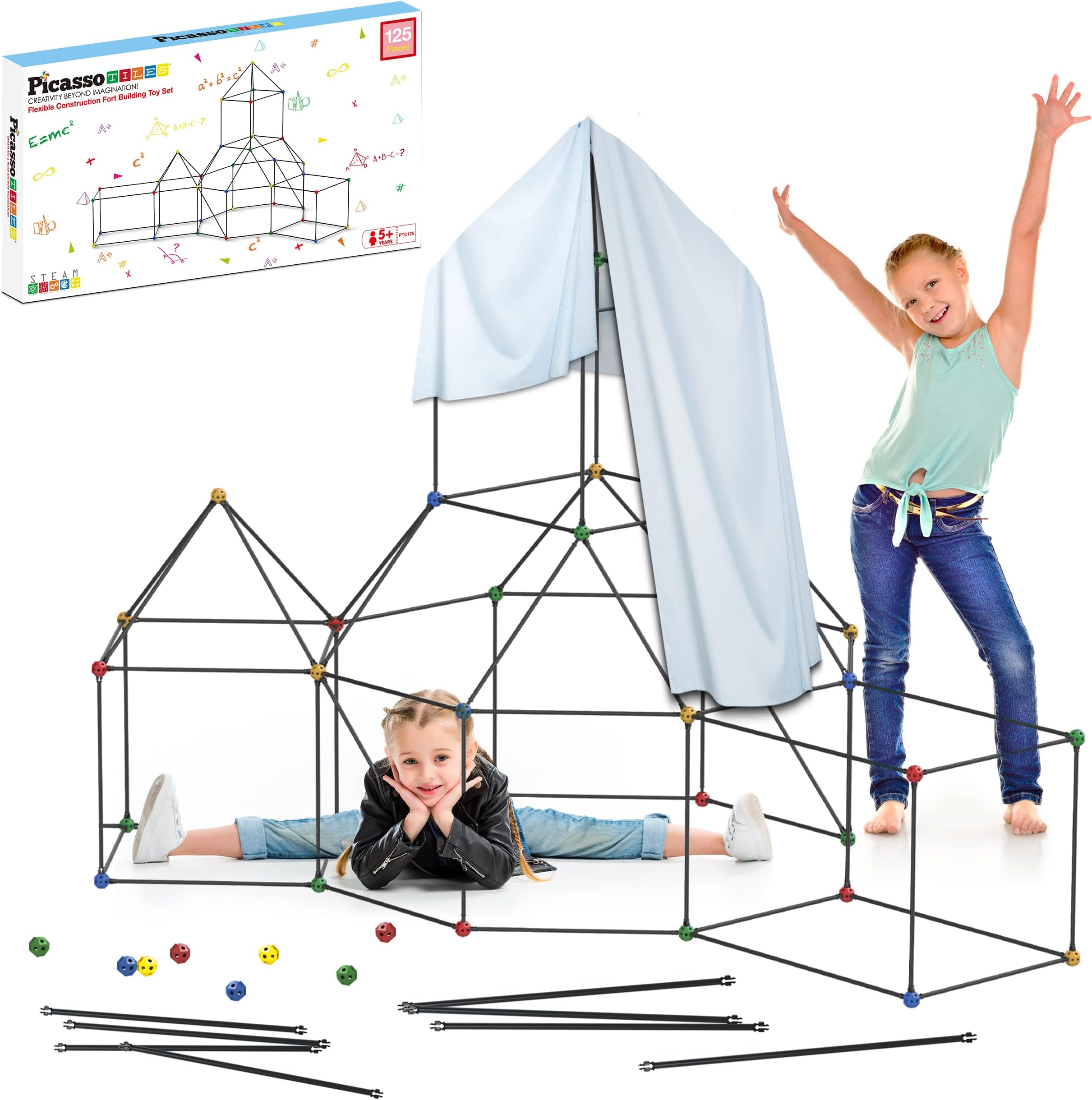 PicassoTiles Kids Fort Building Kit Playset 125 Piece Indoor and Outdoor Toy Set Fort Construction Builders Blocks Toys for Kids Boys Girls STEM Learning Castle System Tunnel Tent Rocket Pretend Play