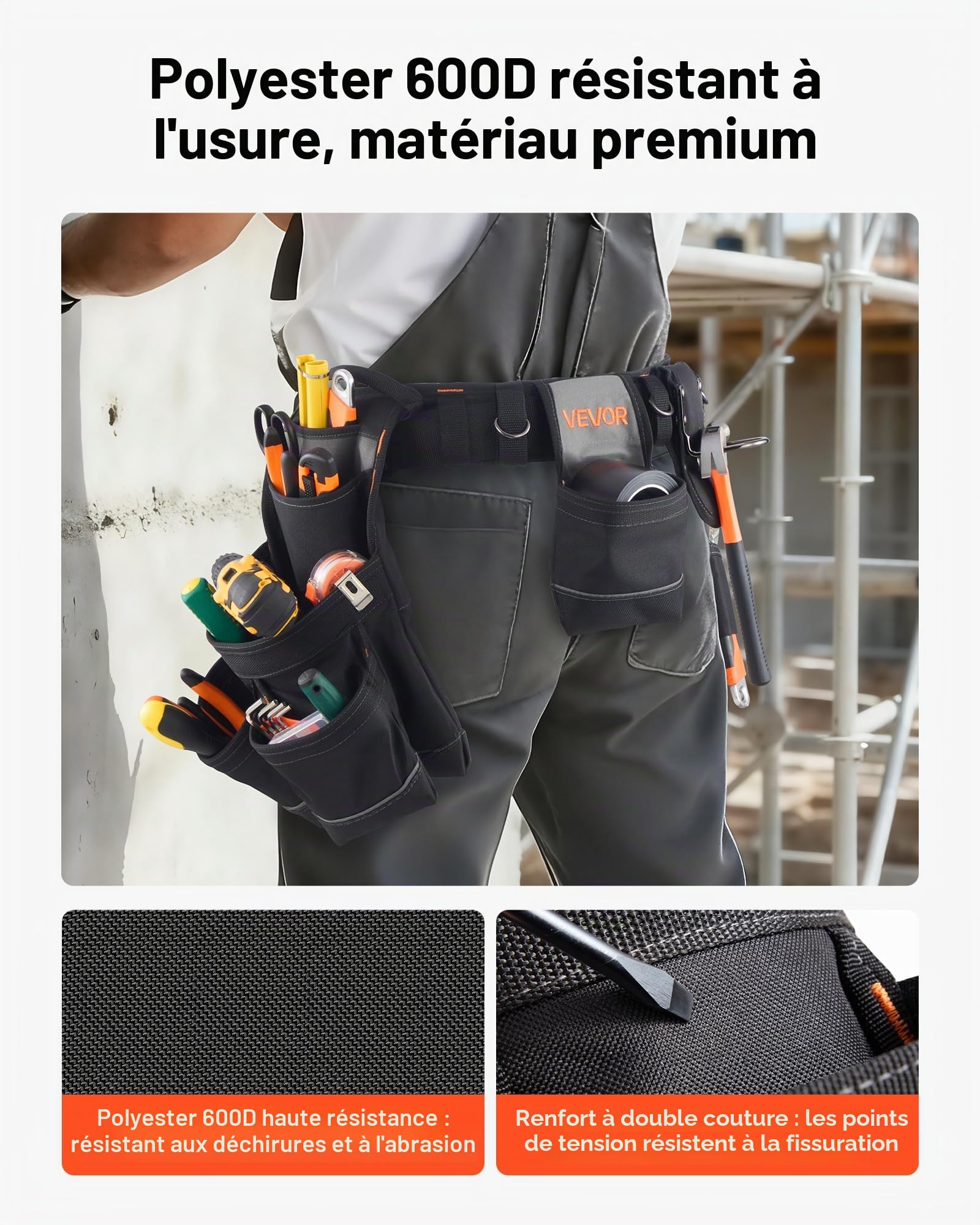 VEVOR Ceinture Porte Outil 18 Poches Ceinture à Outils Tour de Taille Ajustable 80-131 cm Sacoche Charpentier Amovible et Réglable Sac à Outils pour Électricien Construction Homme Chantier Bricolage