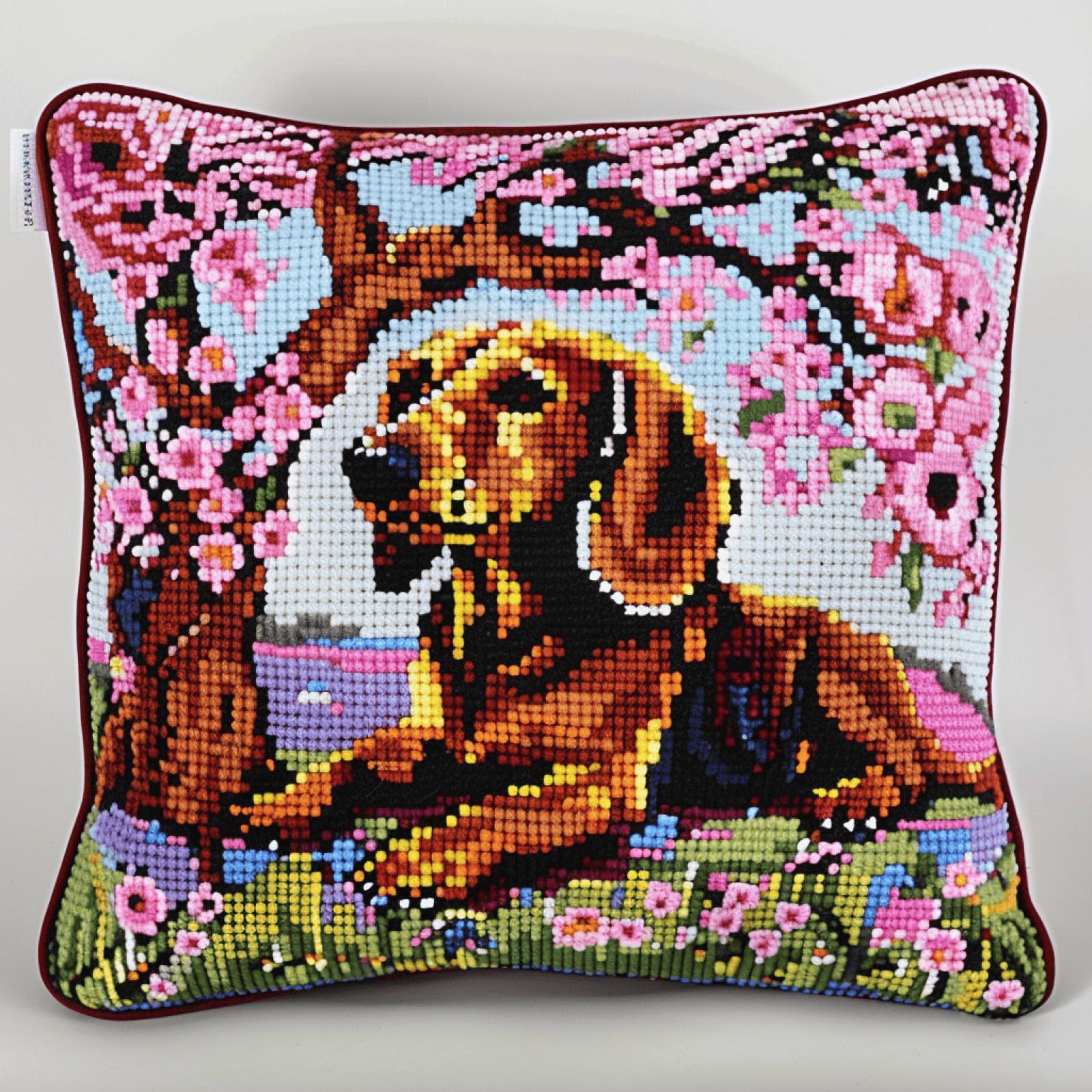 XDEGHUANGSS Sakura Dachshund Cushion Latch Hook Kits Adults,Pre-Printed DIY Embroidery Cushion Cover for Adults Beginners,Beginner-Friendly Rug Making Kit for Home Decor & Gifts 17x17 in