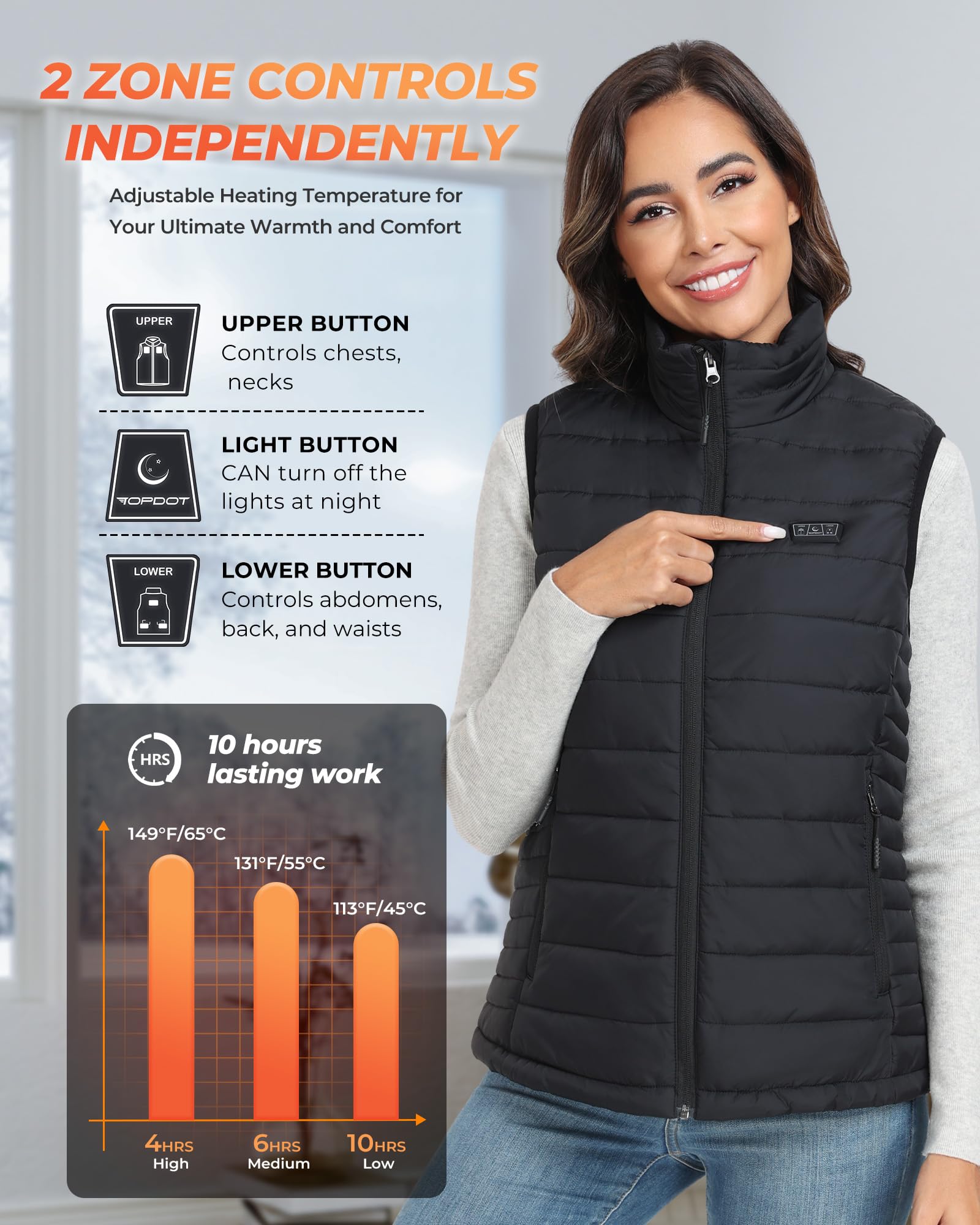 Topdot Heated Vest Women with 16000mAh 7.4V Battery Pack Included, Lights-Out Design 8 Heating Zones Women's Heated Vest