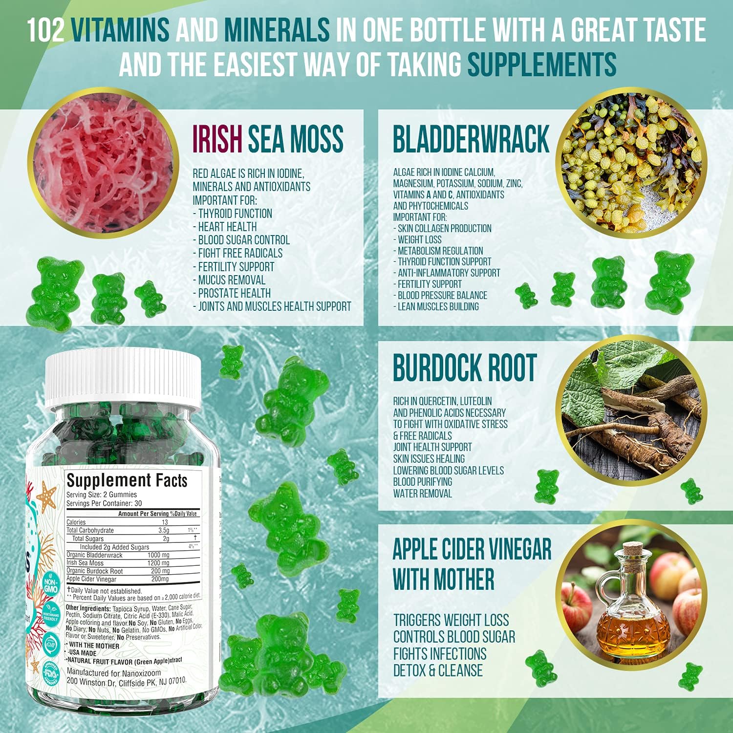 Real Wildcrafted Irish Sea Moss Gummies 1200mg, Blended with Organic Burdock Root, Bladderwrack & Apple Cider Vinegar, Organic Seamoss Alkaline Supplement for Adults & Kids Immunity Vegan, USA : Health & Household