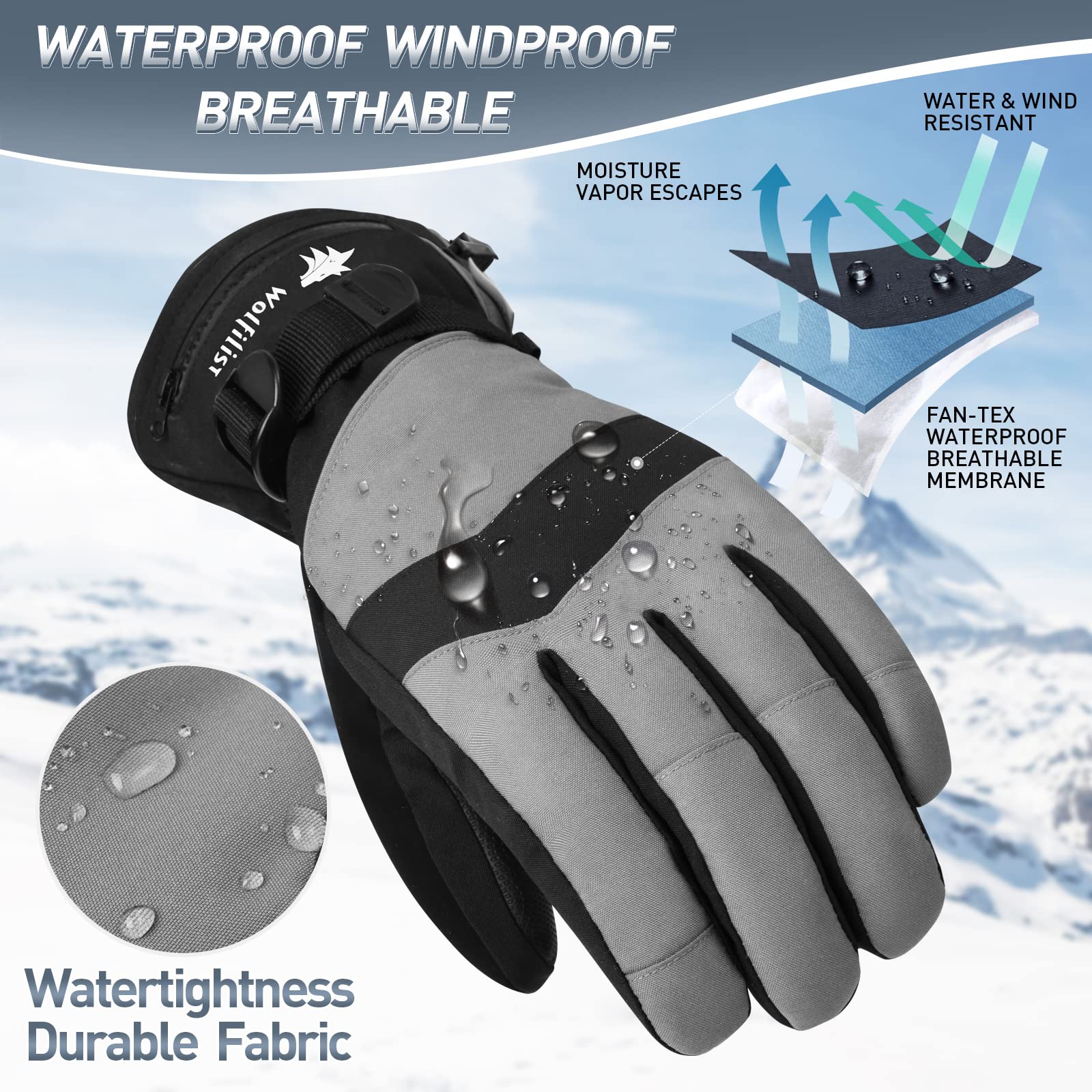 WOLFILIST Guanti da sci impermeabili antivento – 3M Thinsulate Guanti da neve caldi isolati, guanti da snowboard con tasca con cerniera, guanti invernali per touchscreen per uomo e donna