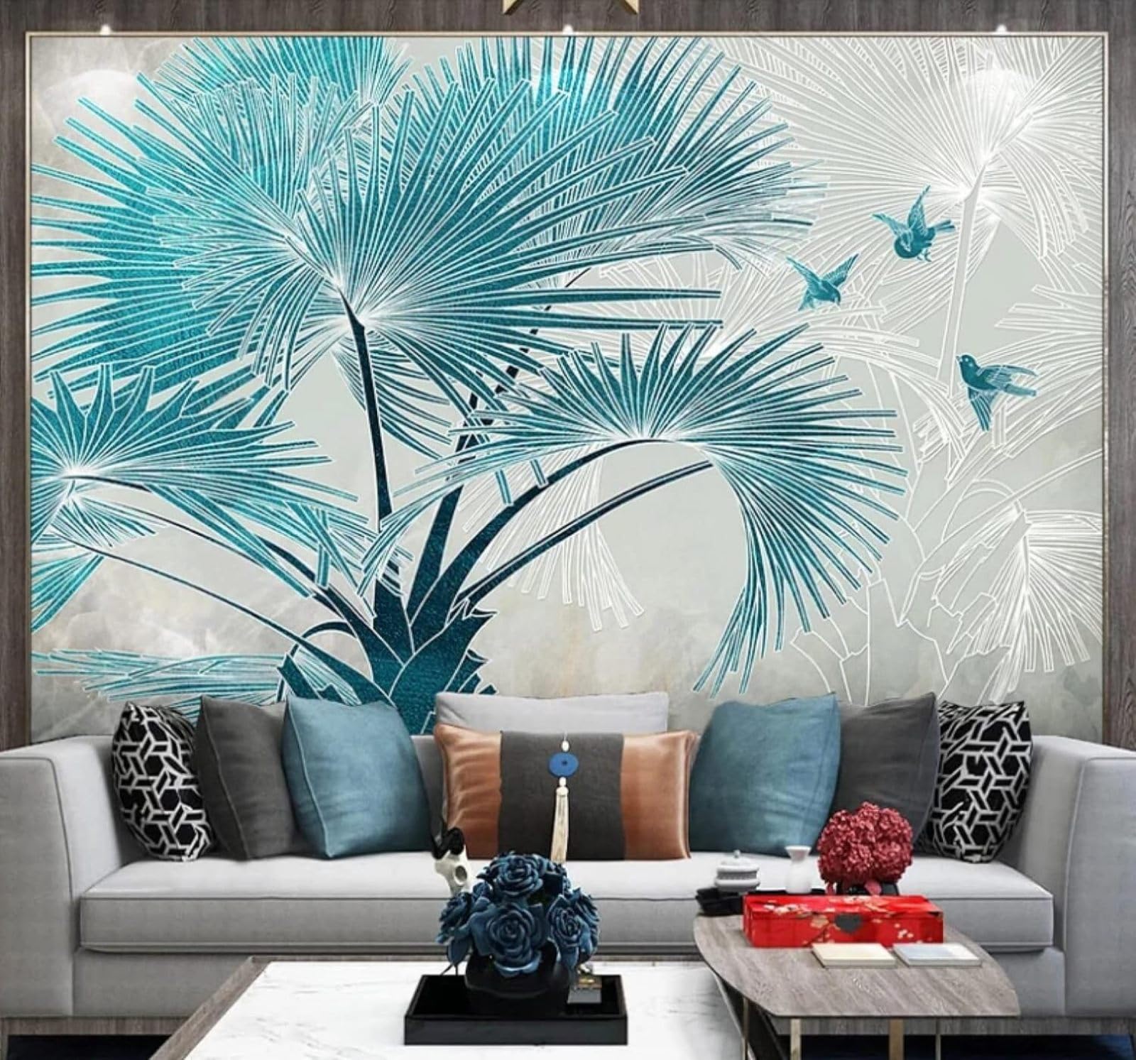 Fresh Three Dimensional Blue Palm Tree and Birds 3D Wallpaper Easy Install Feature Office Living Room Sofa Bedroom TV Background Wall Decoration-300cm×210cm