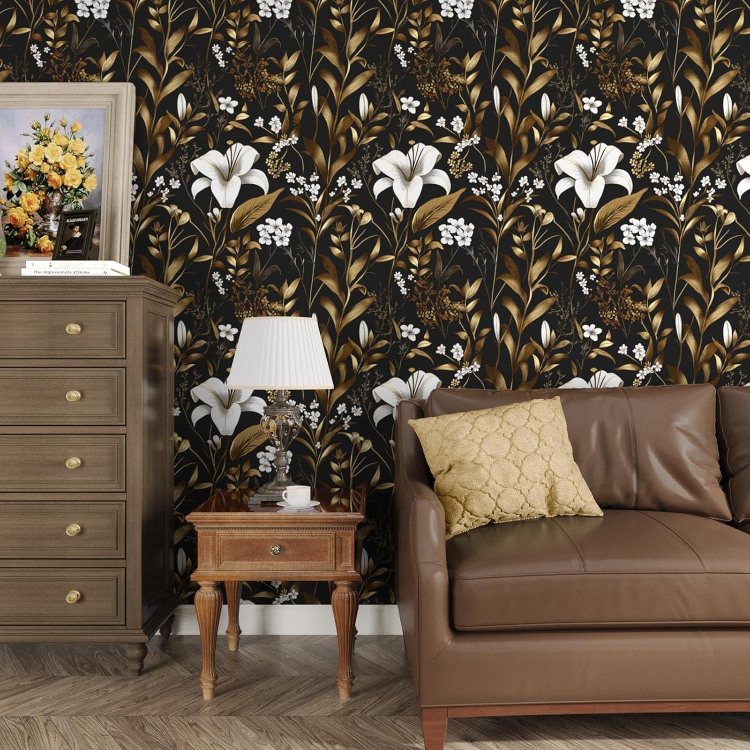 Laatse Black White Floral Wallpaper Peel and Stick, Dark Gold Vintage Contact Paper 17.5" x 393", Golden Botanical Wall Paper Self Adhesive Removable Waterproof for Bedroom Cabinet Drawer Table Decor