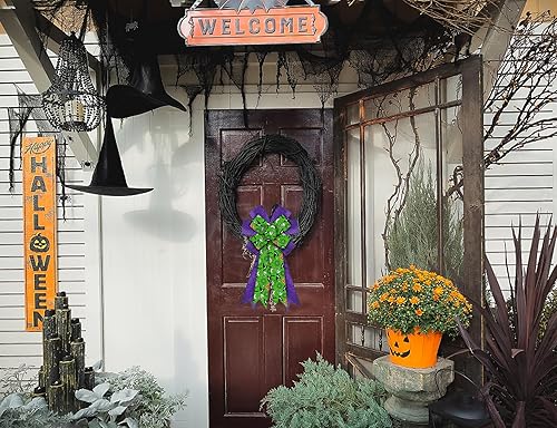 Miniatura 8 de Arco de corona de araña púrpura de arpillera para decoración de Halloween, lazos naranjas para puerta delantera, interiores y exteriores,