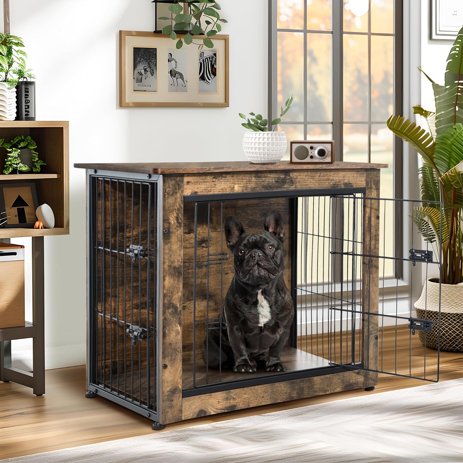 Dog Crate Furniture for Small Dogs, 27.2" L Small Dog Crates, Wooden Dog Crate Furniture with Double Doors Up to 30lb, Rustic Brown