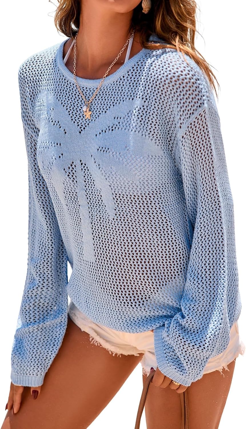 Dokotoo Womens Fashion 2026 Summer Crochet Hollow Out Long Sleeve Sweaters Casual Crewneck Pullover Shirt Beach Coverup