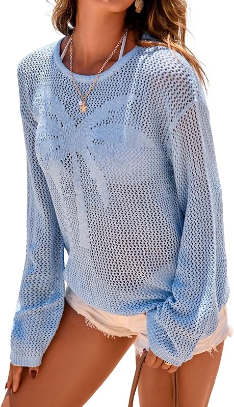 Moda para mujer 2026 verano Crochet ahueca hacia fuera suéteres de manga larga Casual cuello redondo pulóver camisa playa encubrimiento