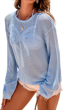 Dokotoo Womens Fashion 2026 Summer Crochet Hollow Out Long Sleeve Sweaters Casual Crewneck Pullover Shirt Beach Coverup