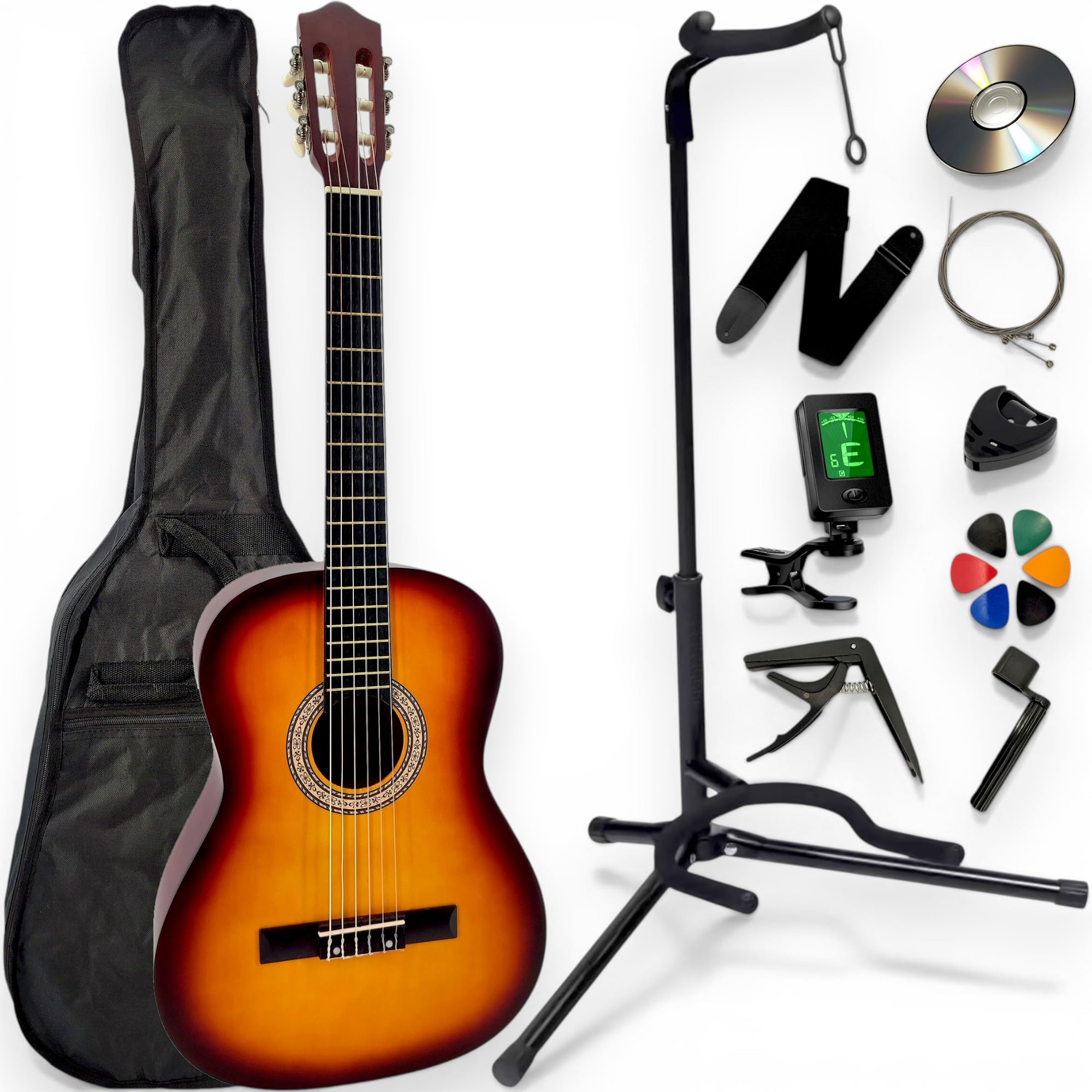 Pack Guitare Classique Enfant 3/4 Gaucher (8-12 ans) + Support Pied + Housse Sac à Dos + 11 Accessoires + CD & Cours Vidéo (Sunburst, 3/4, Gaucher) - Les Beatles, Paul McCartney, John Lennon, RIngo Starr, George Harrison Pack Guitare Classique Enfant 3/4 Gaucher (8-12 ans) + Support Pied + Housse Sac à Dos + 11 Accessoires + CD & Cours Vidéo (Sunburst, 3/4, Gaucher)
