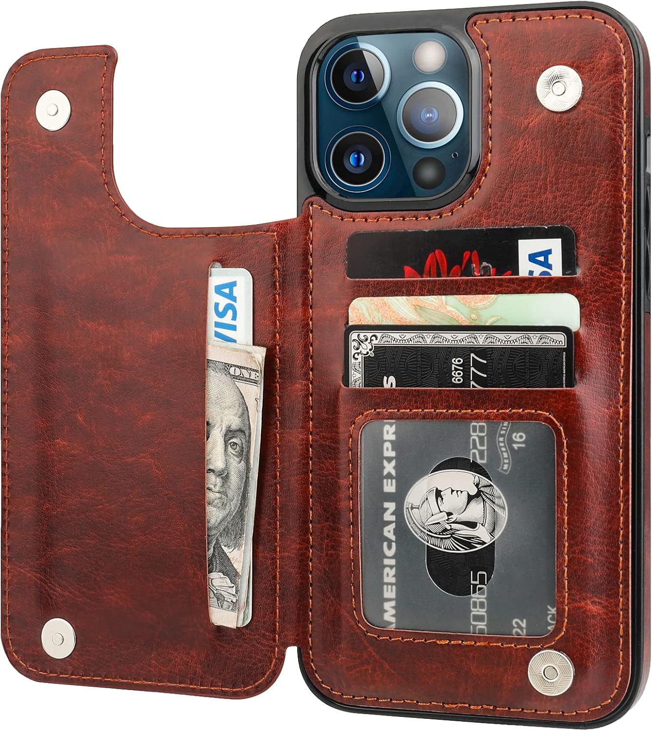 Compatible with iPhone 13 Pro Max Wallet Case with Card Holder,PU Leather Kickstand Card Slots Case, Double Magnetic Clasp and Durable Shockproof Cover 6.7 Inch(Brown)