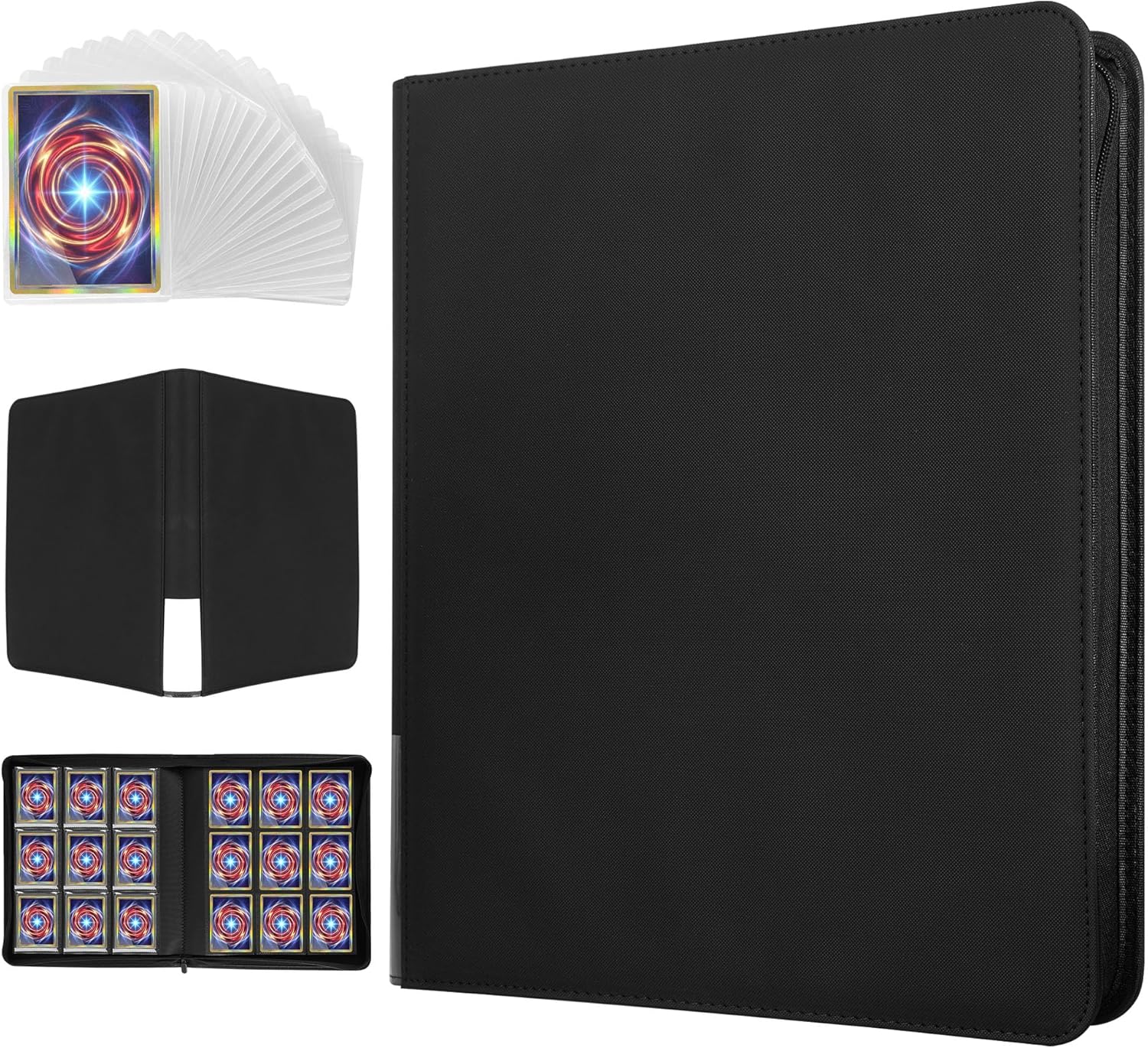 Black Toploader Card Binder, 9-Pocket Zippered Album with 20 Sleeves, Holds 360 Toploaders, Thermo PU Leather Collector Organizer for Pokemon, Sports Cards, TCG & K-pop Photocards