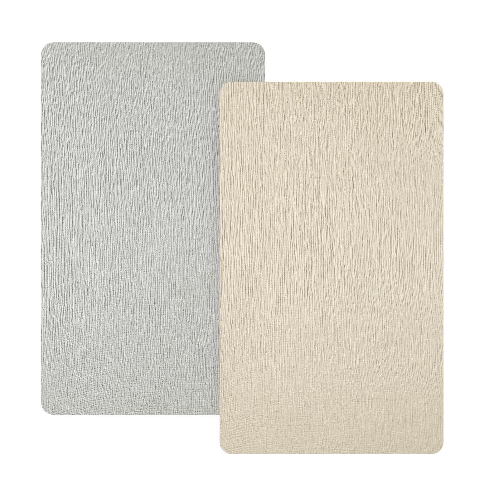 david's kids muslin mini crib sheets, 2 pack cotton pack n play sheets for boys girls neutral, soft breathable baby sheets fit pack n play, playard and mini crib mattresses, oat milk & light gray