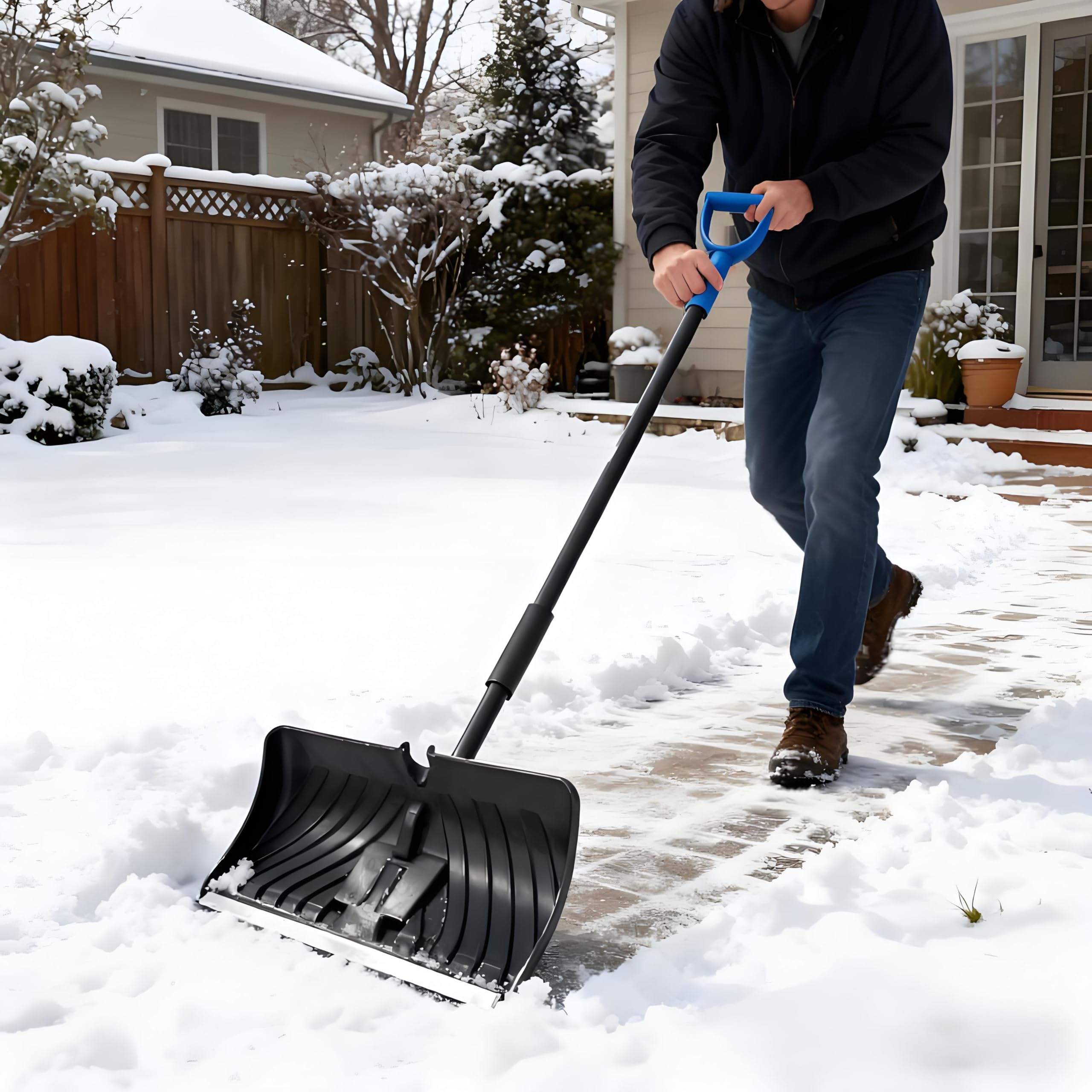 Magshion Combo de pala de nieve y empujador con mango en D, hoja de borde de aluminio de 22 pulgadas, pala de nieve portátil ligera de gran capacidad, color negro