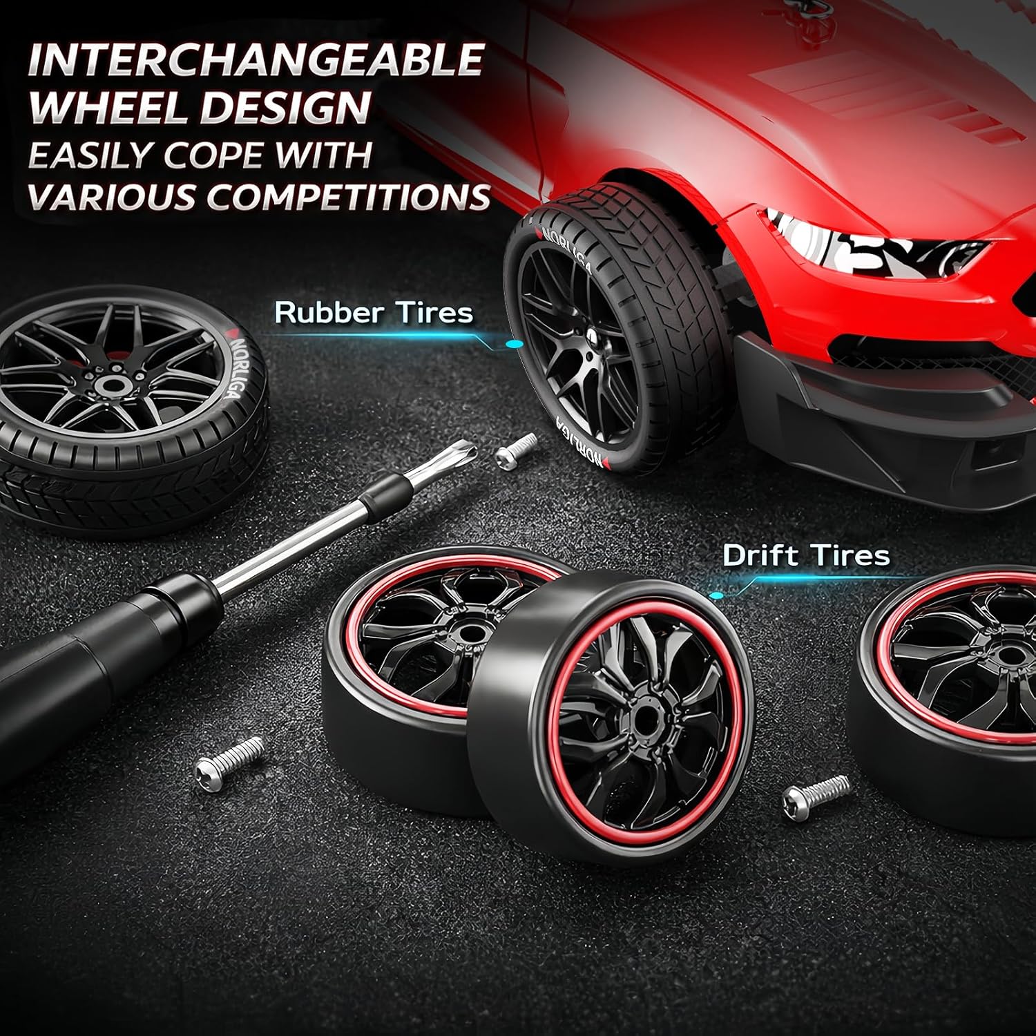 Remote Control Car RC Drift Car 1:16 Scale 4WD RC Vehicle with LED Lights 2.4GHz 30km/h RTR High Speed Racing Sport Toy for Adults Boys Girls Kids Gift 2Pcs Rechargeable Battery