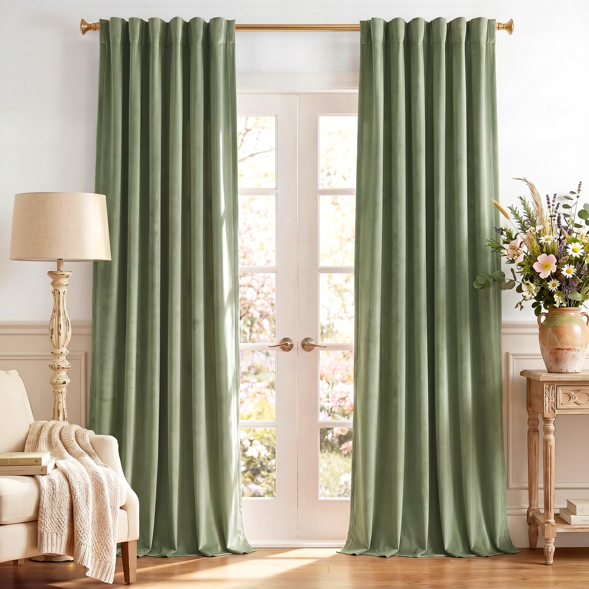 StangH Back Tab Sage Green Curtains 84 inches Long Soft Velvet Elegant Home Decor Thermal Insulated Privacy Window Drapes for Bedroom Office Divider, W62 x L84, 2 Panels — image 1