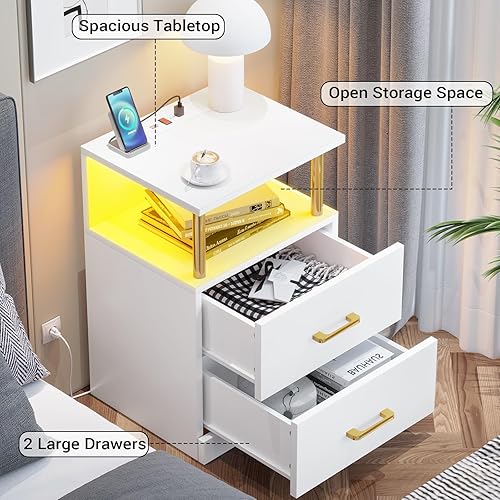 Miniatura 5 de AOGLLATI Mesita de noche con estación de carga y luces LED, juego de 2, mesita de noche con almacenamiento abierto y 2 cajones, 2 puertos USB, 2