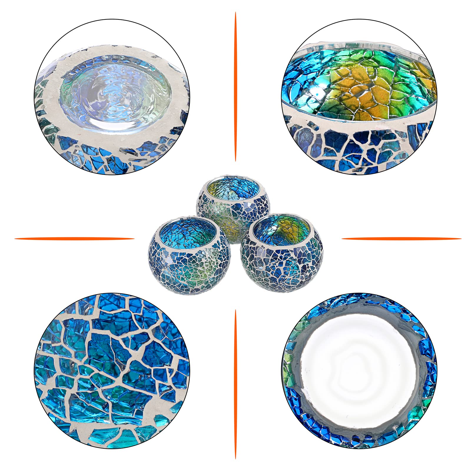 BSTKEY Set di 3 portacandele in vetro a mosaico, portacandele votivi, portacandele rotondi per tavolo, matrimoni, feste, decorazioni per la casa (blu)
