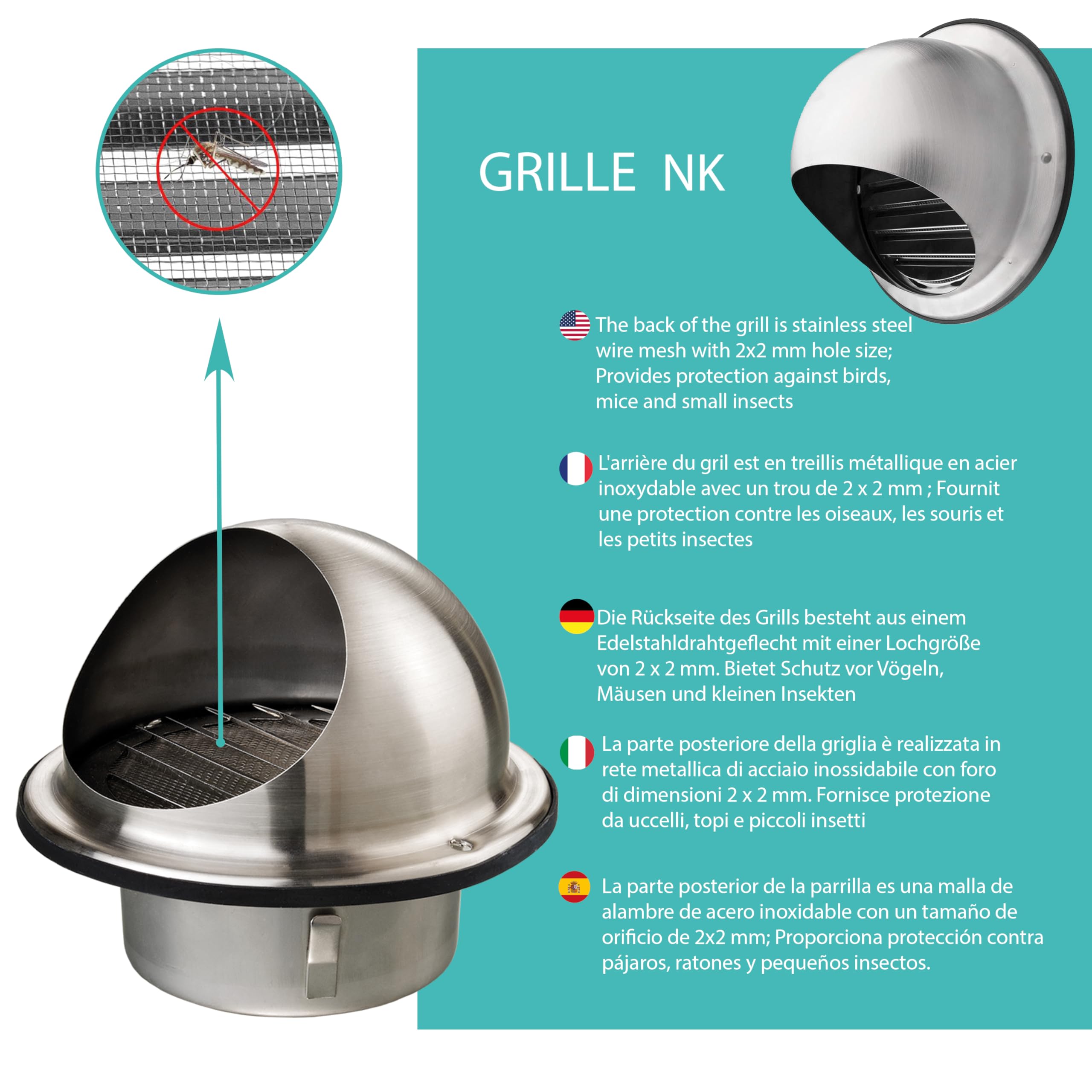 AIROPE 150mm Stainless Steel Vent Grille with Built-In Mosquito Net, Weather Resistant - Image 4
