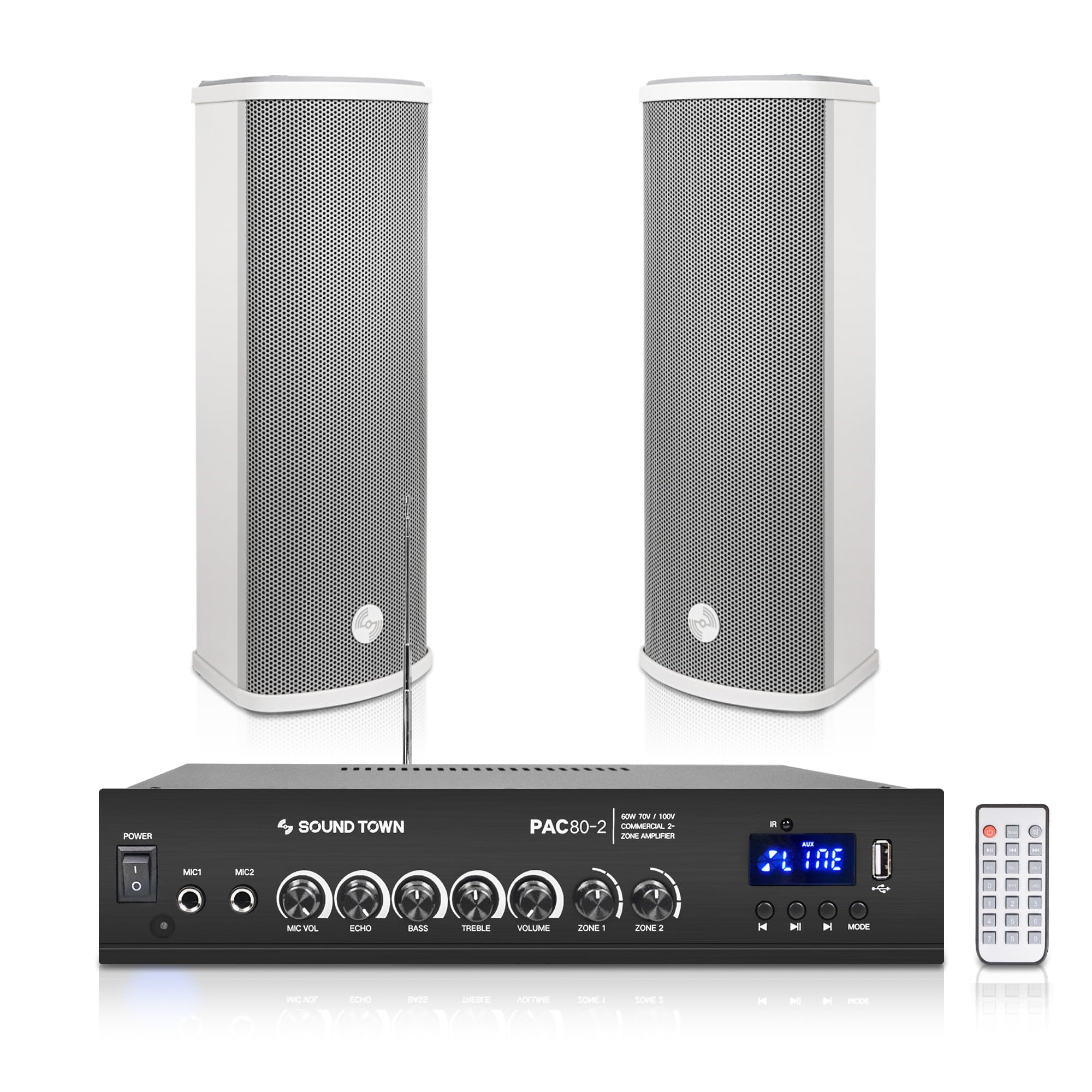 Sound Town Commercial Restaurant Bluetooth Amplifier + Column Speaker Set, with One 2-Zone 70V/100V Amplifier with Bluetooth, 2 x All-Weather Dual 5-Inch Column Speakers, Grey (PAC80X2CL25G)