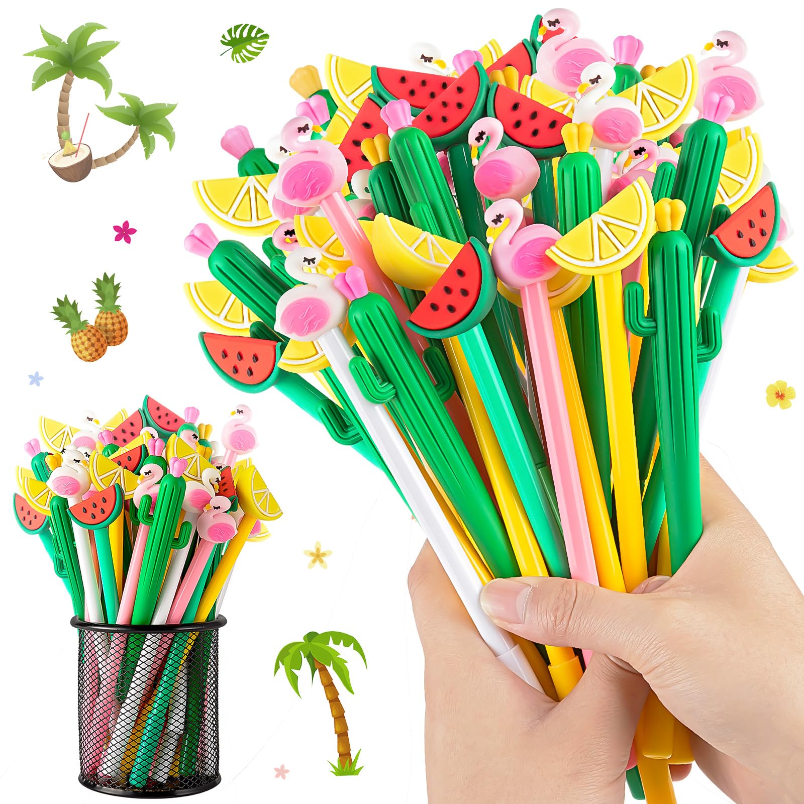 FFNIU 60Pcs Hawaiian Luau Ballpoint Pens, 0.5 mm Black Gel Ink Pen, Cute Flamingo Watermelon Cactus Lemon Fruit Pen for Kids Student and School Office