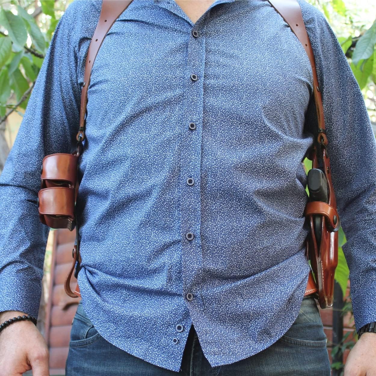 Masc Premium Leather Vertical Shoulder Holster System with Double Speed Loader Pouch, Judge (2-1/2'' cyl) 4510 Steel Frame 2'' BBL, Right Hand Draw, Brown Color #1165#