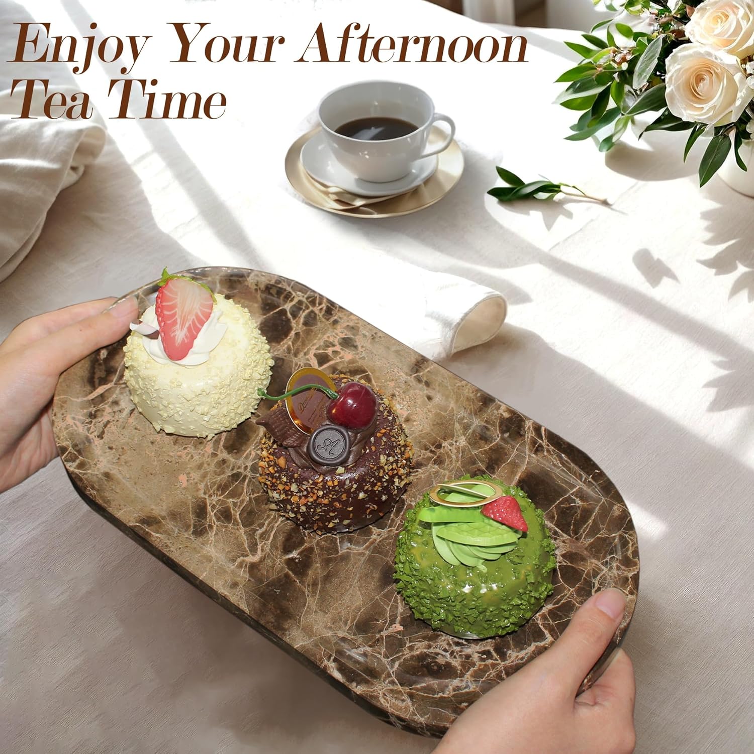 Genuine Real Natural Marble Tray for Bathroom, Luxury Dark Brown Stone Vanity Tray, Decorative Oval Trays for Countertop Storage, Vanity, Dresser, Kitchen, Home Decor, 11.8" x 6", Brown - Image 8