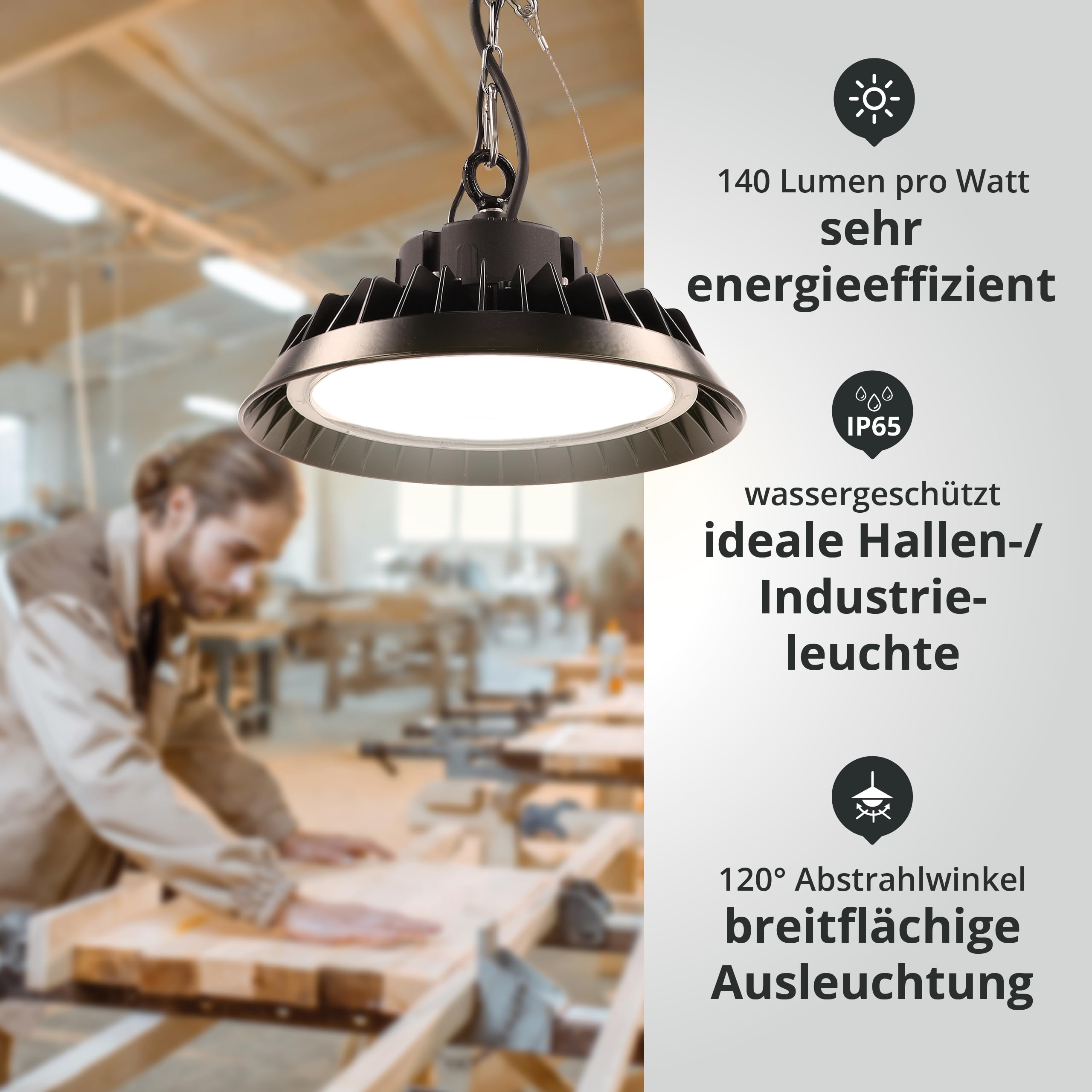 LED High Bay Hallenstrahler 200W mit PREMIUM-Marken-Treiber dimmbar (1-10V) warmweiß 3000K 28.000lm 140lm/W 120° IP65 Industrielampe Werkstattbeleuchtung Ø324xH136mm 5 Jahre Garantie