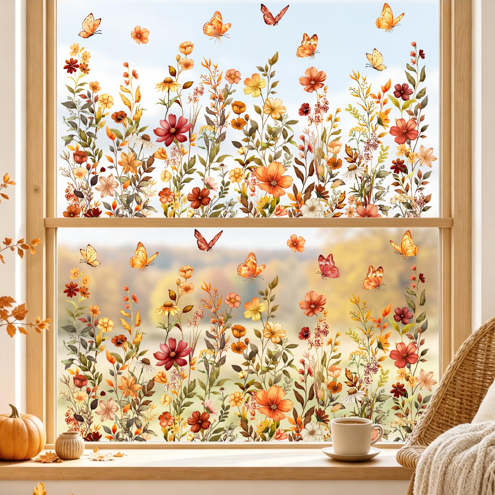 Tanlaby 2 Sets Autumn Wildflower Window Clings Wild Flower Fall Window Stickers Reusable Floral Butterflies Static Decals for Harvest Party Home Classroom Office School Decor