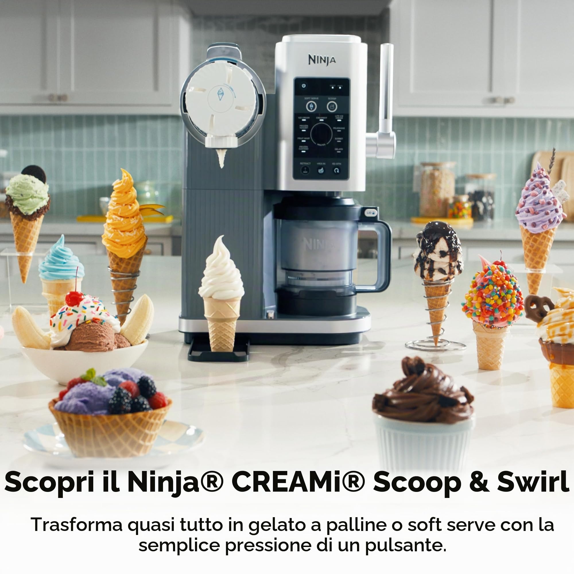 Ninja CREAMi Swirl - Macchina per gelato e servire, sorbetto, frappè, yogurt congelato, programma a basso contenuto calorico e altro, 13 in 1, manico morbido e 2 confezioni di crema Swirl da 453,6 g,