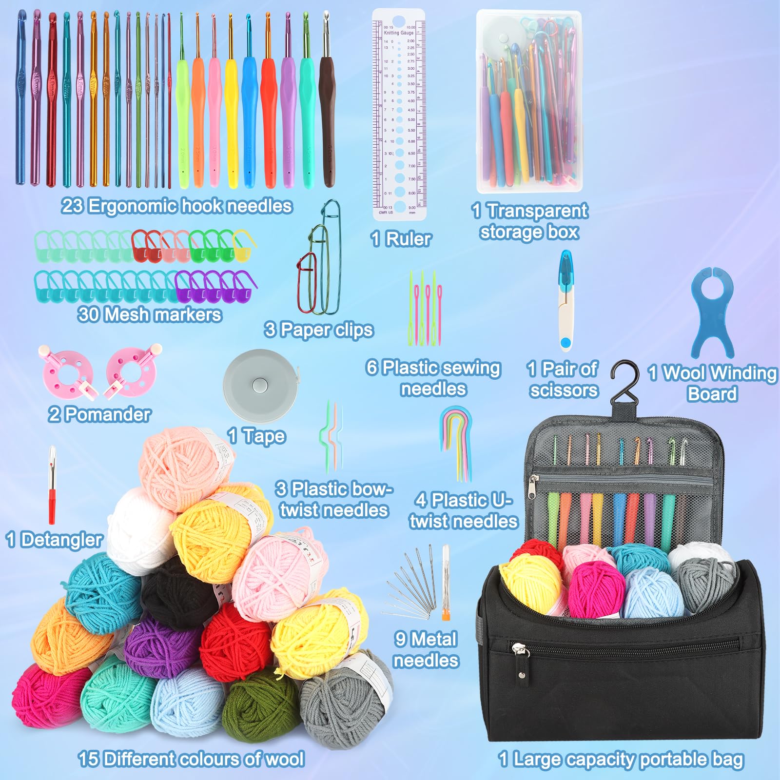 KIMIGO 193 Pezzi Kit Uncinetto Principianti,set di uncinetti con 15 lana,Kit Principianti,accessori all'uncinetto,uncinetti ergonomici con manico morbido e ago in metallo, 2,0 – 10 mm, pratici