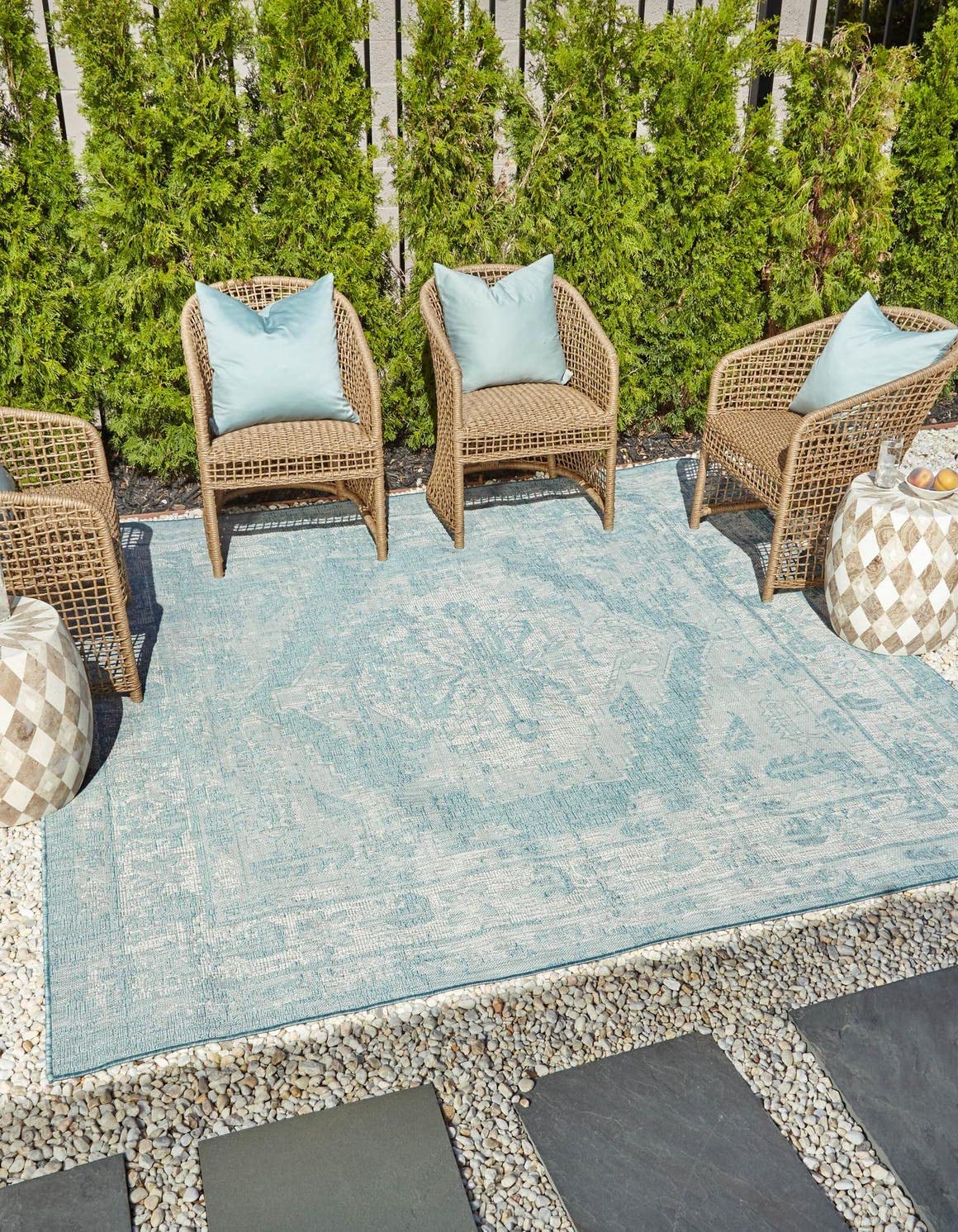 Unique Loom Outdoor Traditional Collection Area Rug - Valeria (10' Square, Aqua/ Ivory)