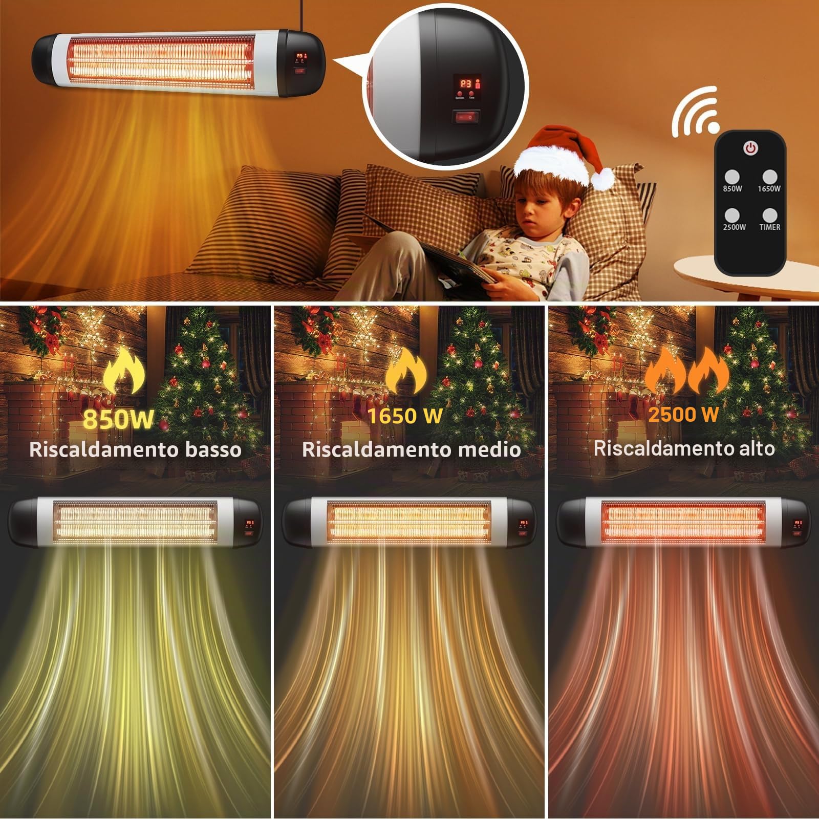 Stufa a infrarossi per terrazze, 2500 W, faretto a infrarossi per esterni, con telecomando, a parete, 3 livelli di riscaldamento, per terrazze, esterni, per bagno, balcone, giardino