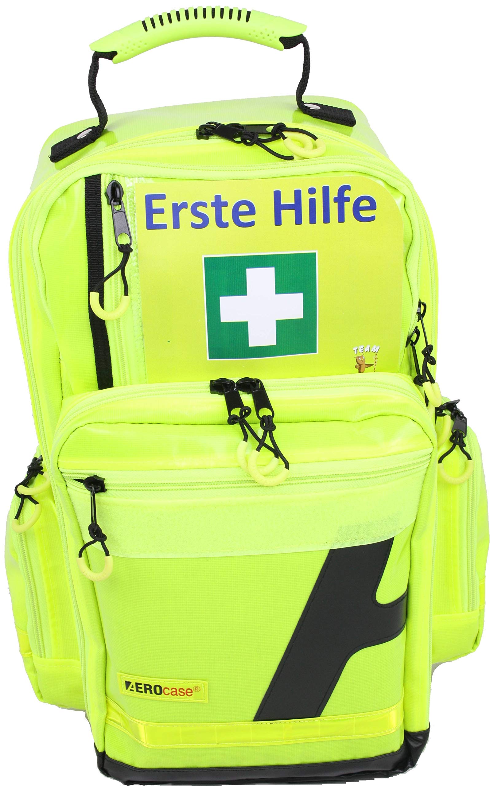 Notfallrucksack Medicus/PRO - LEER - 28 Ltr. aus gelber Plane mit weißen Reflexstreifen und 5 Modultaschen, 3 Außentaschen