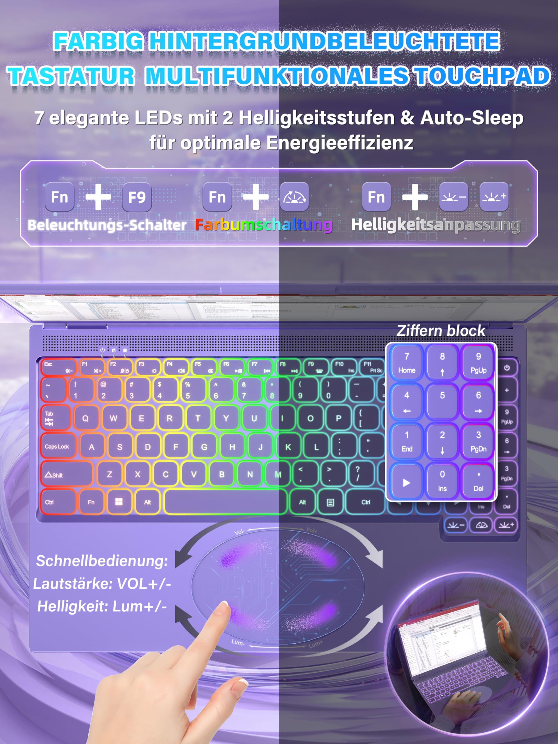 16 Zoll FHD Laptop Lila, 1TB SSD, 16GB DDR4 RAM, Quad-Core N95 CPU