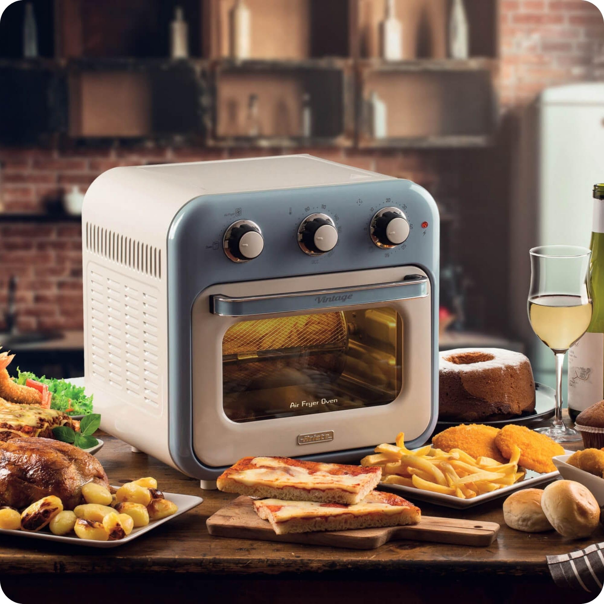 Ariete 4632 - Freidora de aire y horno (1400 W, 2 en 1, capacidad 16L, accesorios incluidos, temporizador de 60 minutos, doble cristal, azul claro