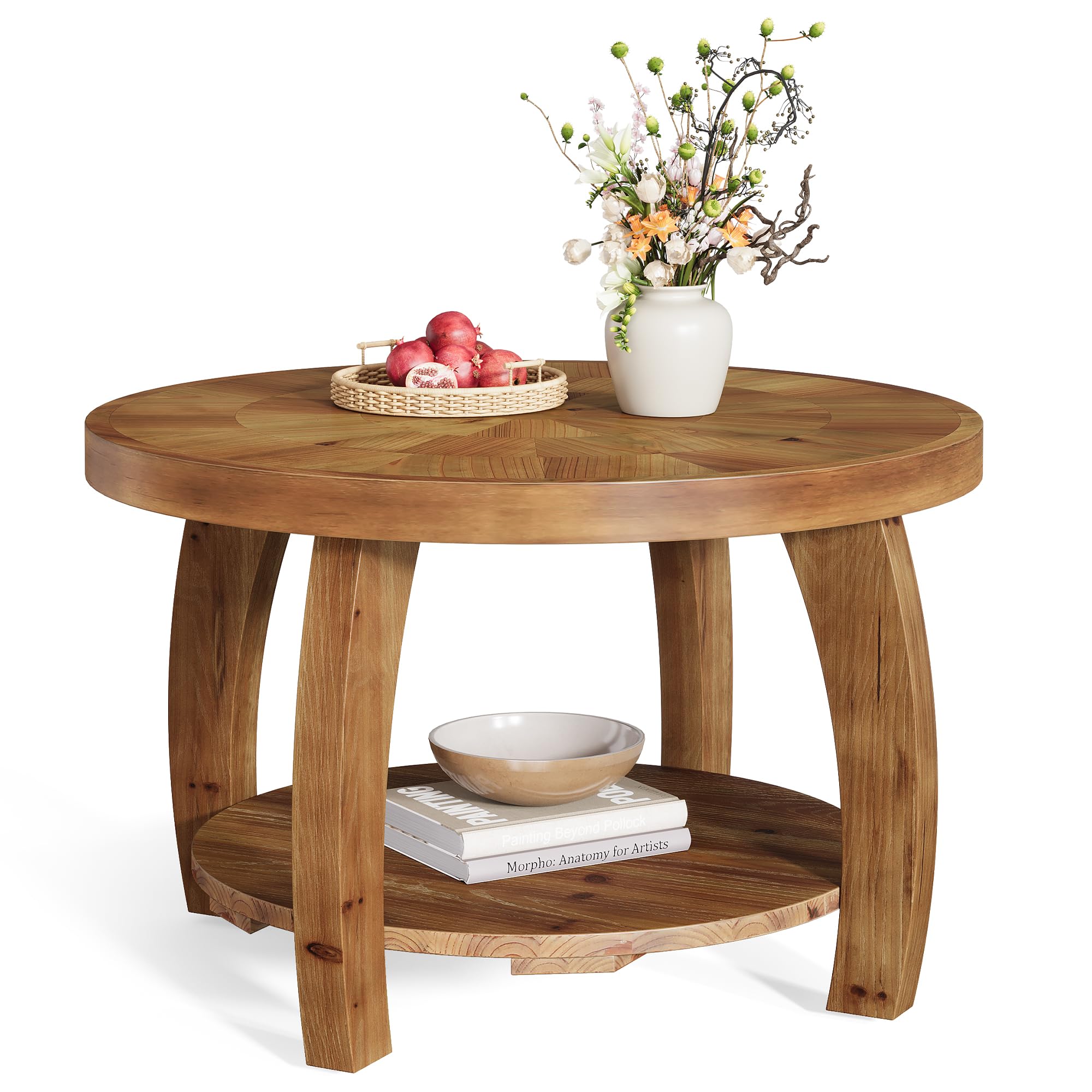 TRIBEWOOD 31.5" Solid Wood Round Coffee Table, 2-Tier Center Table with Mosaic Pattern Tabletop & Storage Shelf, Easy Assembly, for Living Room - Brown