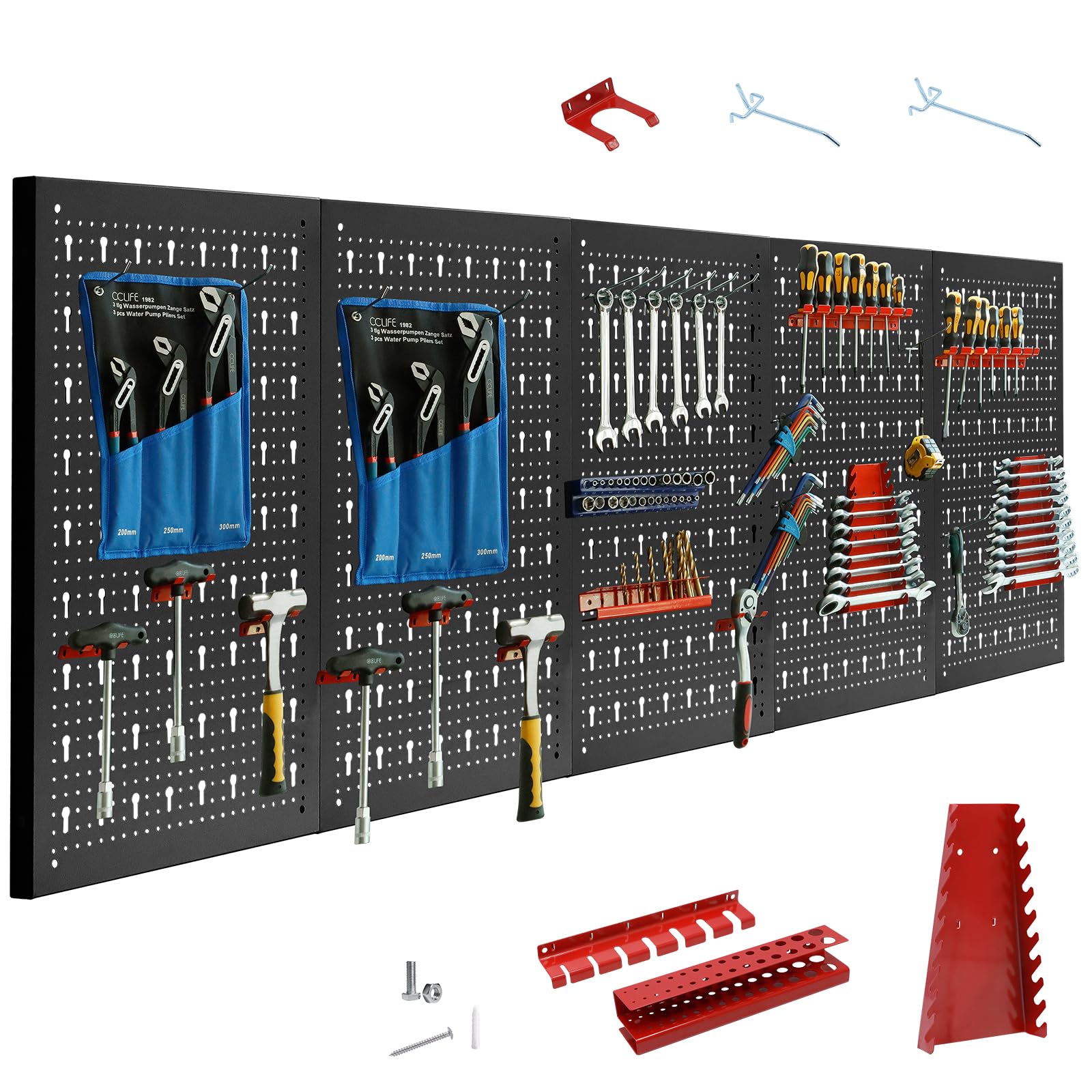 CCLIFE Pannello Porta Attrezzi Da Parete Con 43 Supporti Officina Forato Portautensili Stoccaggio 200 x 60 x 2 cm 5 Pezzi Espandibile Mensola da Parete Porta Attrezzi Nero