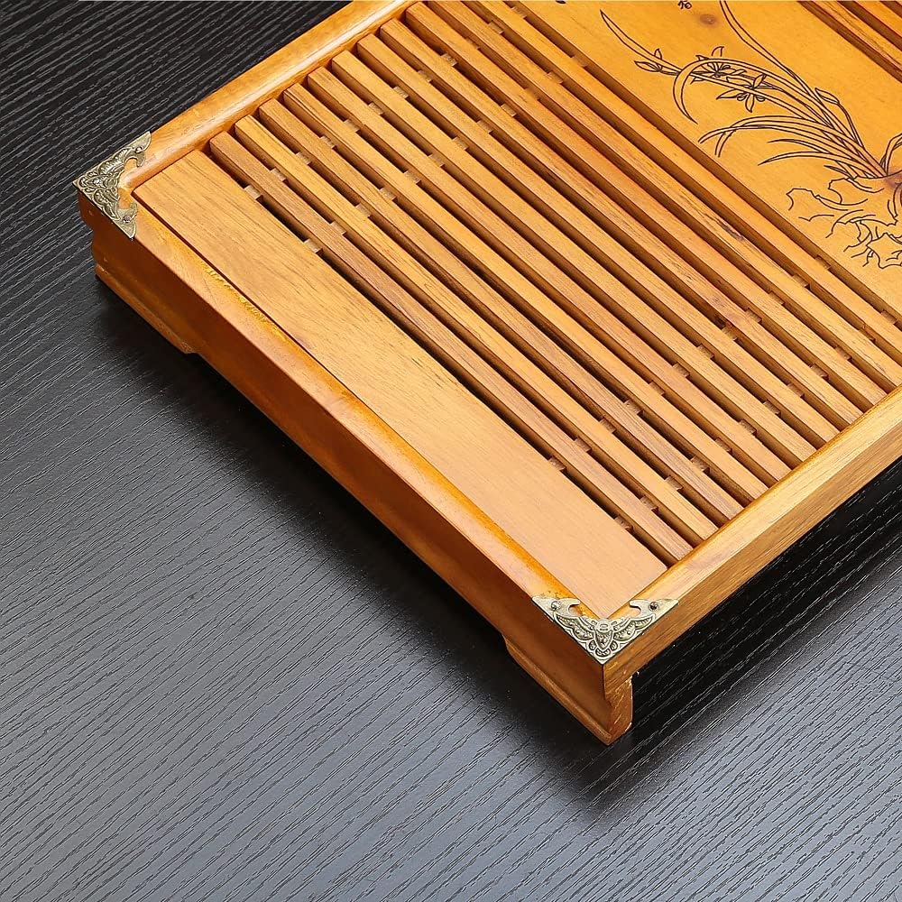 RORA Bamboo Tea Tray Chinese Gongfu Tea Serving Tray with Drawer Type Water Storage Drainage Kungfu Tea Set Table (Yellow)