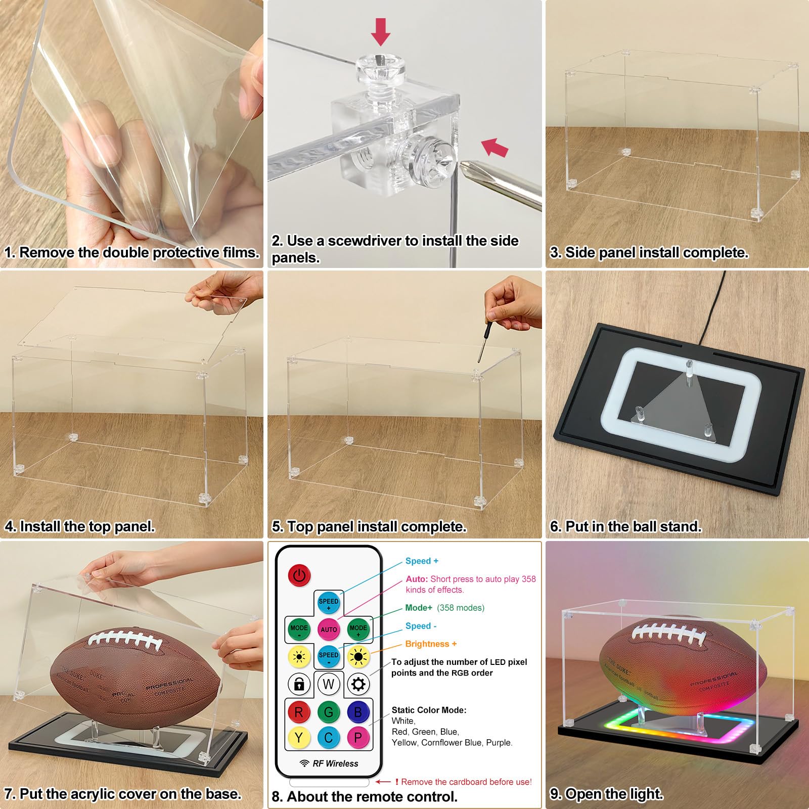 Nonemey Balón de Fútbol Vitrina con Luces de Colores,Caja de Fútbol de Acrílico con Protección UV Base Base Negra,Vitrina para Regalos Deportivos de Fútbol Autografiados,25x25x25 cm