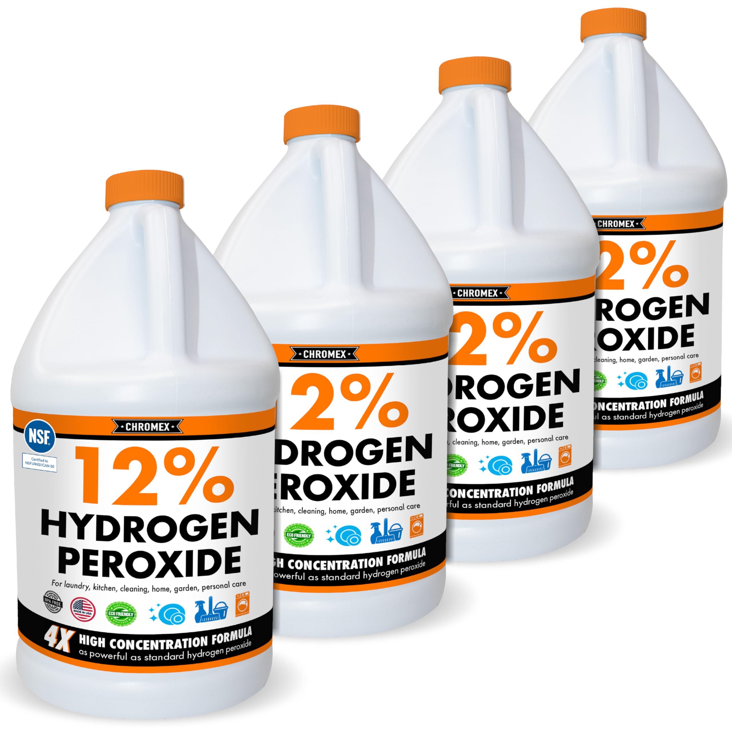 Chromex Hydrogen Peroxide 12 Percent Food Grade, 4x Power Concentrated Solution, 4 Gallons Dilute to 16 Gallons, Versatile Uses include Topical Care, Home, Kitchen, Bath Cleaner, NSF Certified