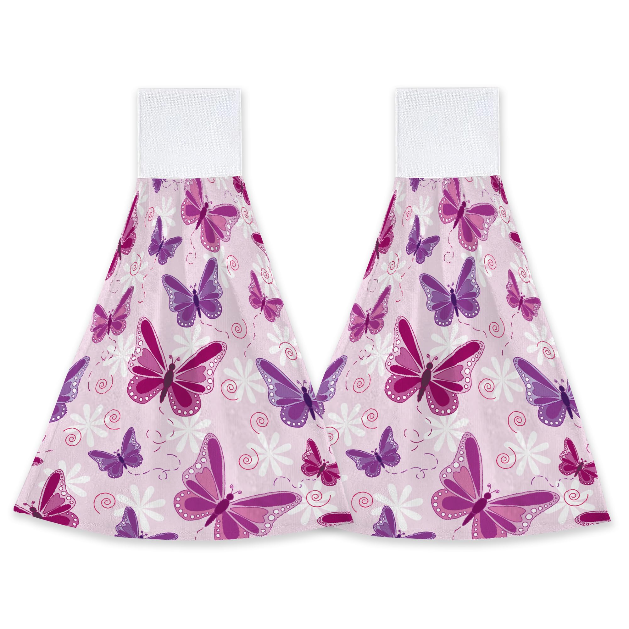 CIAIDU Pink Purple Butterfly Kitchen Hand Towels 2 Pieces Hand Towel Loop Dish Cloth Tie Towels Tea Bar Towels for Bathroom Farmhouse Housewarming