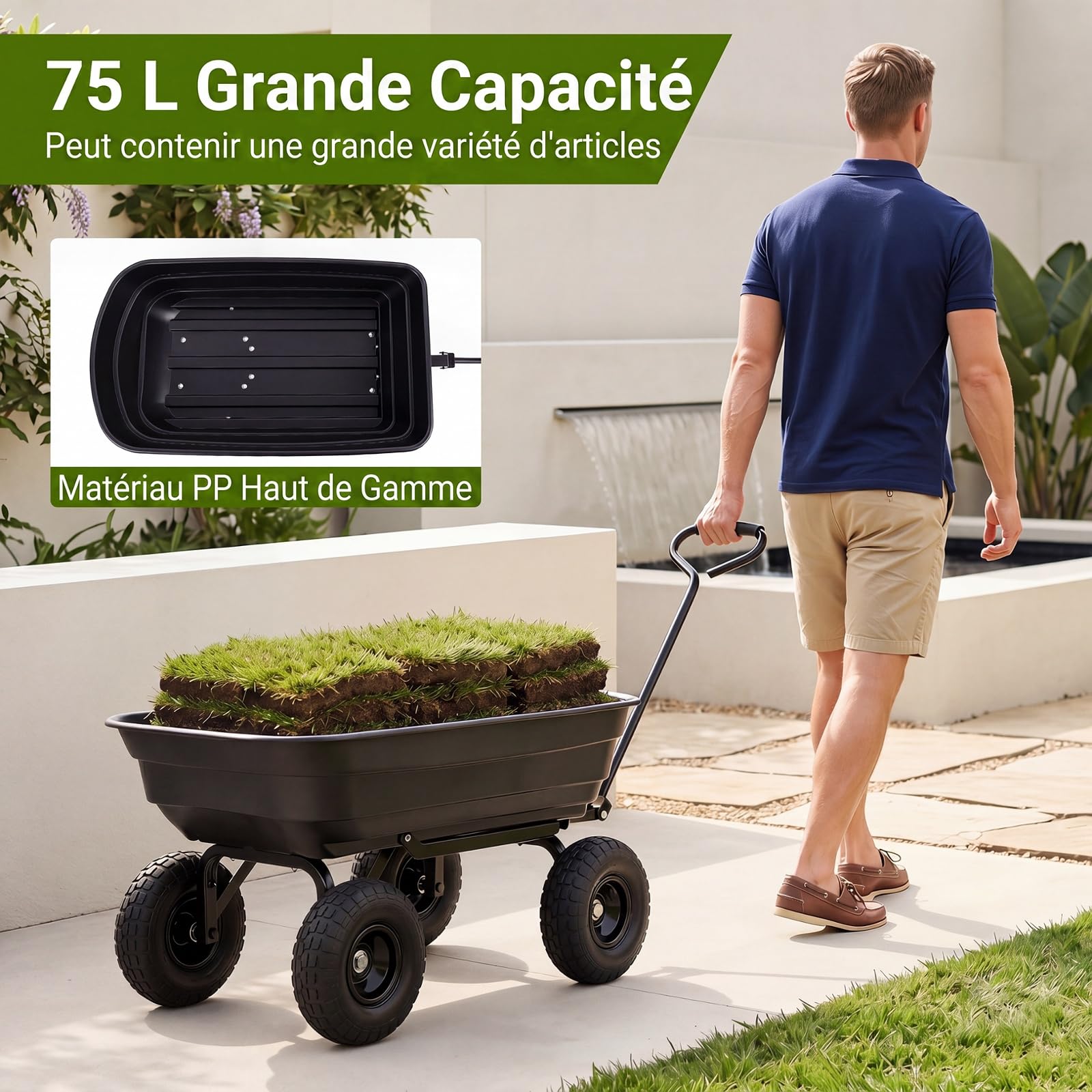 COSTWAY Chariot de Jardin avec Benne Basculante 75 L, Brouette de Transport avec Poignée Réglable 4 Grandes Roues Tout-Terrain Cadre Métallique, Charge 300 kg, pour Terrasse Camping Shopping