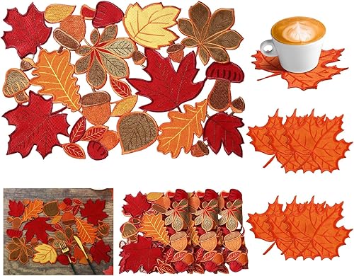 Tudomro Juego de 12 manteles individuales y posavasos de hojas de arce de Acción de Gracias de 11 x 17 pulgadas, manteles individuales bordados disponible en Yaxa Peru