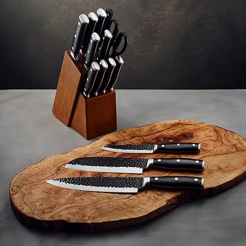 Miniatura 4 de Juego de cuchillos de acero de alto carbono martillado, textura de hoja Tsuchimi antiadherente, mango ergonómico, nitidez profesional para corte de