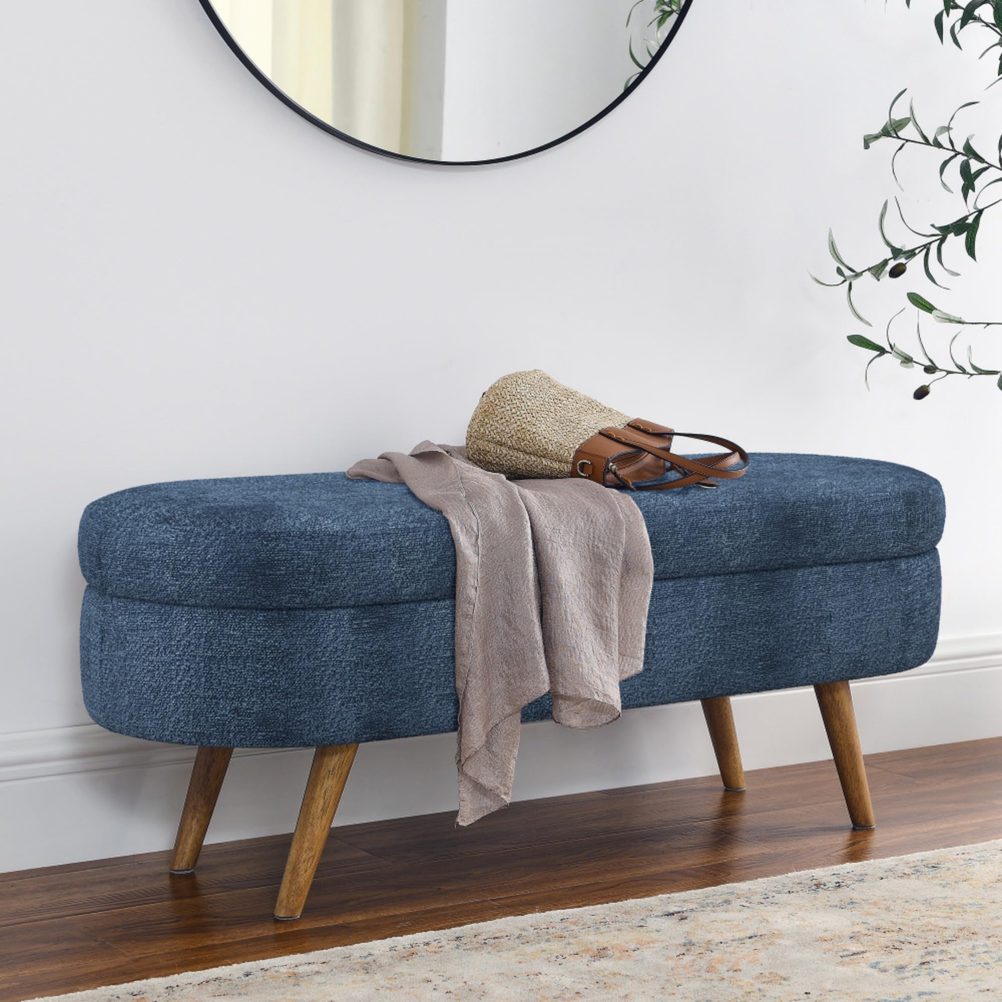 Oval Storage Ottoman Bench with Hidden Storage and Foam Padded Seat, Upholstered Entryway Footstool with Rubber Wood Legs, Decorative Bedroom End of Bed Accent Furniture for Living Room (Dark Blue)