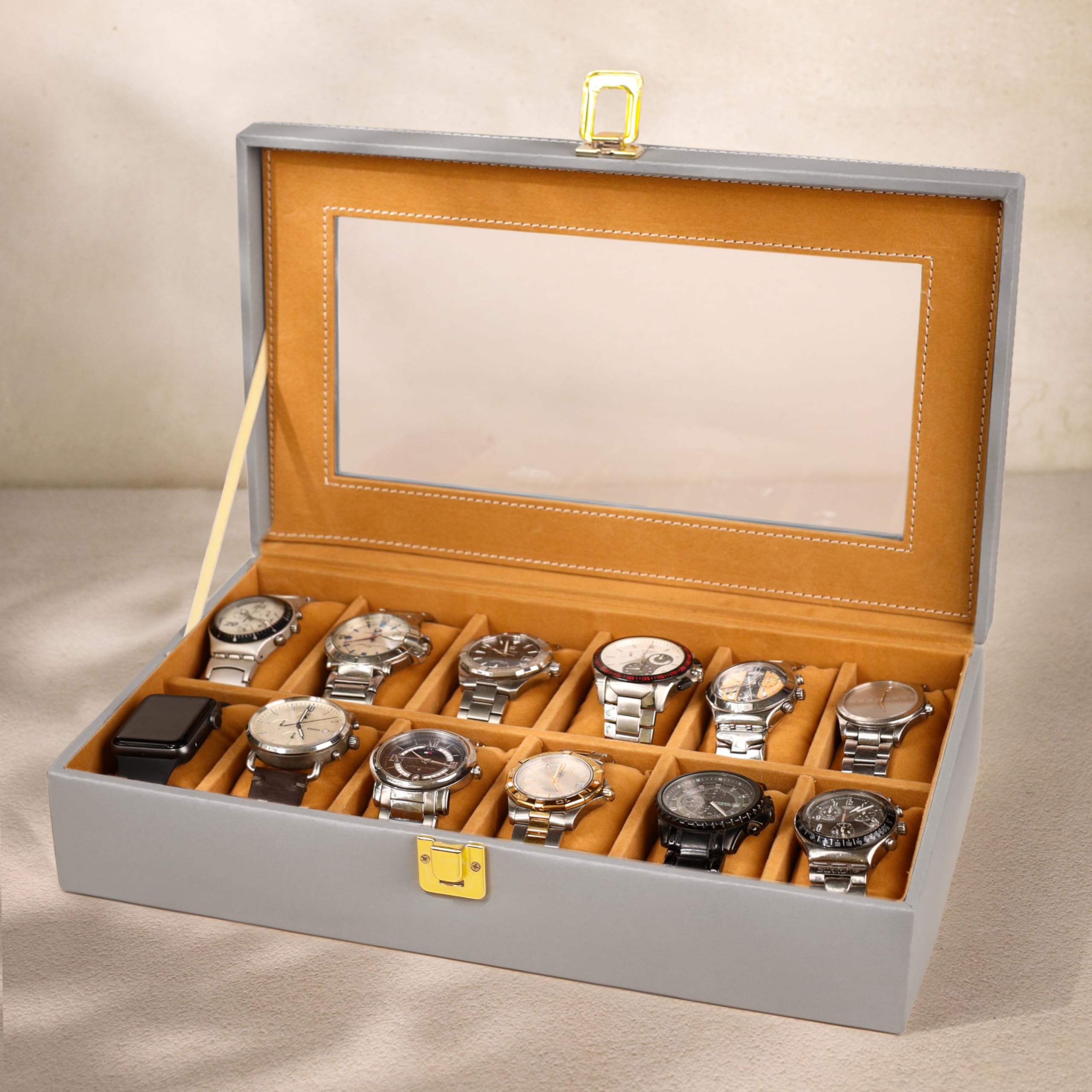 Birch & Co. Boîte de rangement pour montres – Présentoir à 12 emplacements avec couvercle en verre, cuir synthétique, intérieur en velours doux – Rangement élégant pour montres hommes et femmes