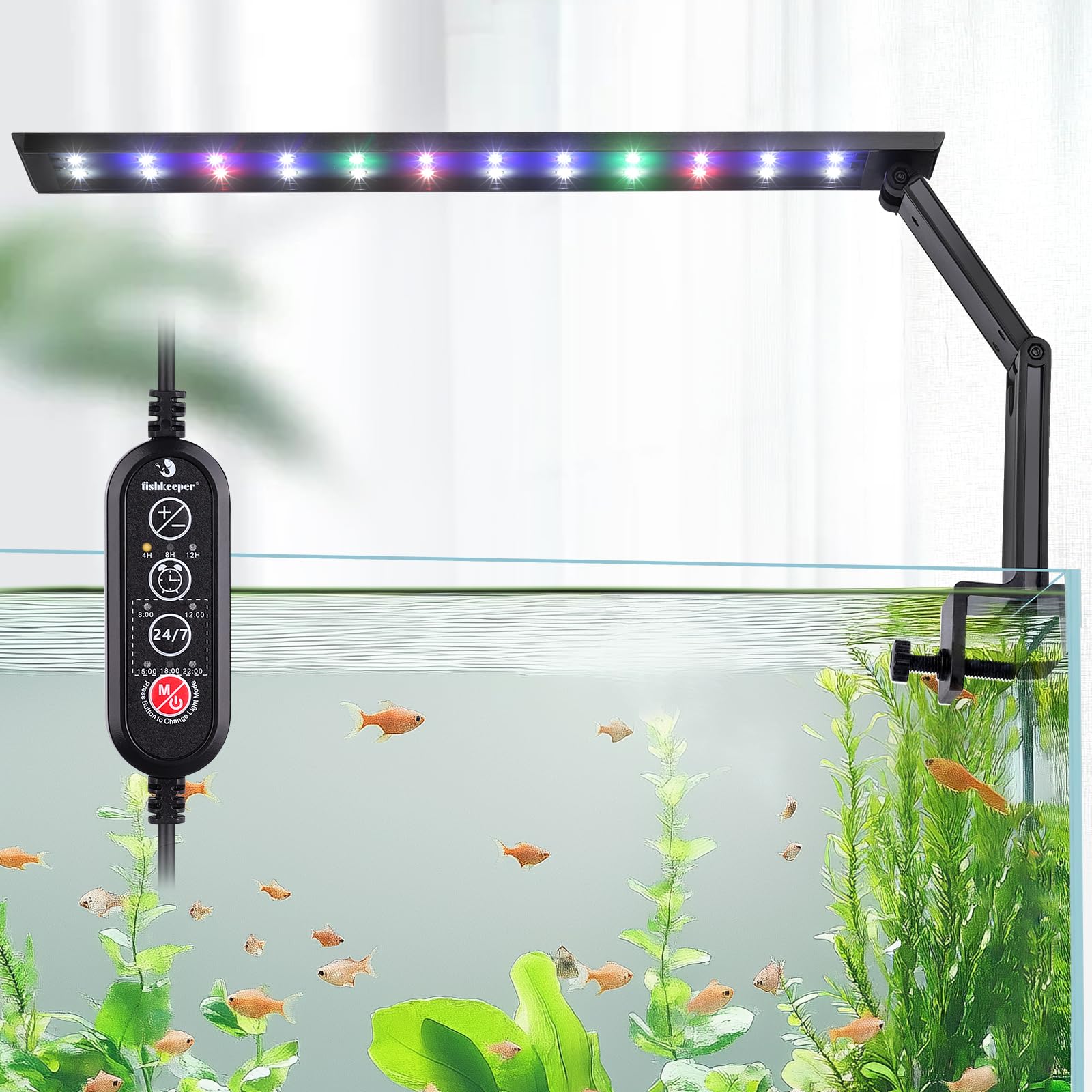 fishkeeper Kleine Aquarium Lampe, 24/7 Clip Aquarium Licht mit DIY & Timer, Einstellbare 10 Helligkeit, 360° Faltbar Aquarium Beleuchtung Led für Aquarien mit Rand, Mondlicht für Süß-/Meerwasser
