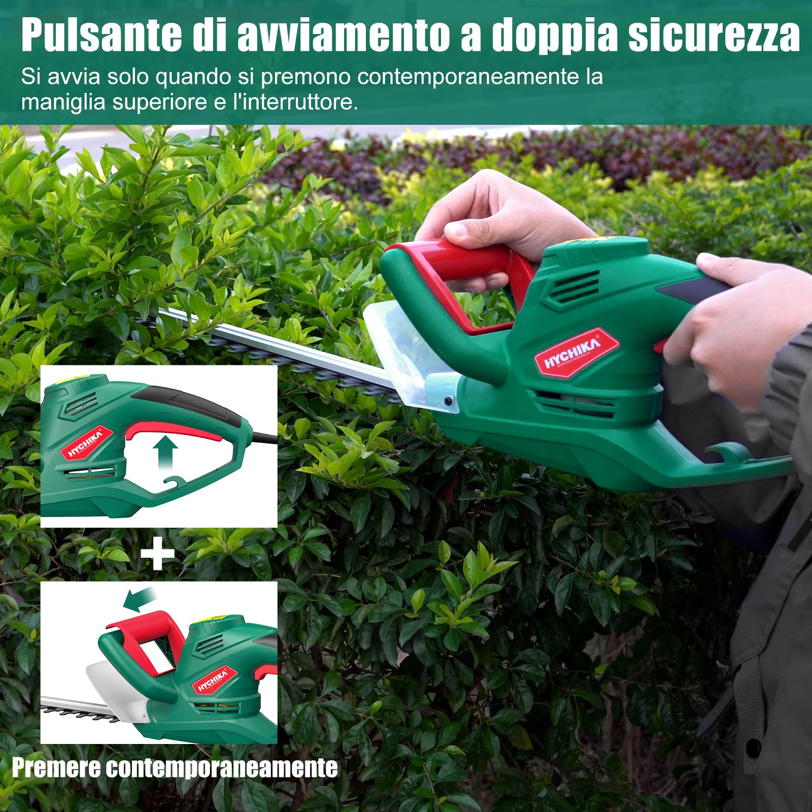 HYCHIKA Tagliasiepi Elettrico con Filo 550W, Taglia Siepe Elettrico, Tagliasiepe Elettrico, Lunghezza Lama 450MM, Distanza Denti 18MM, Lame a Doppia Azione, per la Potatura di Siepi e Arbusti